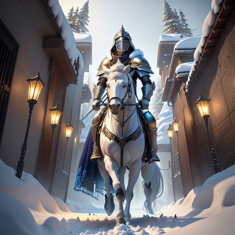 a close up of a chess board with a knight on it, knight chess, chess knight, surreal chess, glowing chess knight, strong fantasy knight, powerful male tin man, playing chess, !!playing chess!!, 3d game art, 3 d game art, 3 d epic illustrations, symmetrical epic fantasy art, fantasy 3 d render, snails vs knight, chess game, a painting of a snowy scene with a couple walking through the snow, kilian eng and thomas kinkade, winter scene fantasy, highly detailed visionary art, visionary art, breathtaking art, inspired by tomasz alen kopera, winter armosphere, jungian symbols of winter, intricate sparkling atmosphere, rob mcnaughton, hyper - detailed visionary art