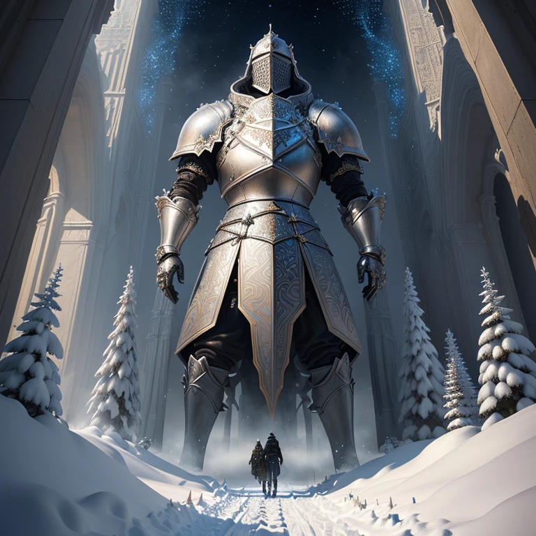 a close up of a chess board with a knight on it, knight chess, chess knight, surreal chess, glowing chess knight, strong fantasy knight, powerful male tin man, playing chess, !!playing chess!!, 3d game art, 3 d game art, 3 d epic illustrations, symmetrical epic fantasy art, fantasy 3 d render, snails vs knight, chess game, a painting of a snowy scene with a couple walking through the snow, kilian eng and thomas kinkade, winter scene fantasy, highly detailed visionary art, visionary art, breathtaking art, inspired by tomasz alen kopera, winter armosphere, jungian symbols of winter, intricate sparkling atmosphere, rob mcnaughton, hyper - detailed visionary art