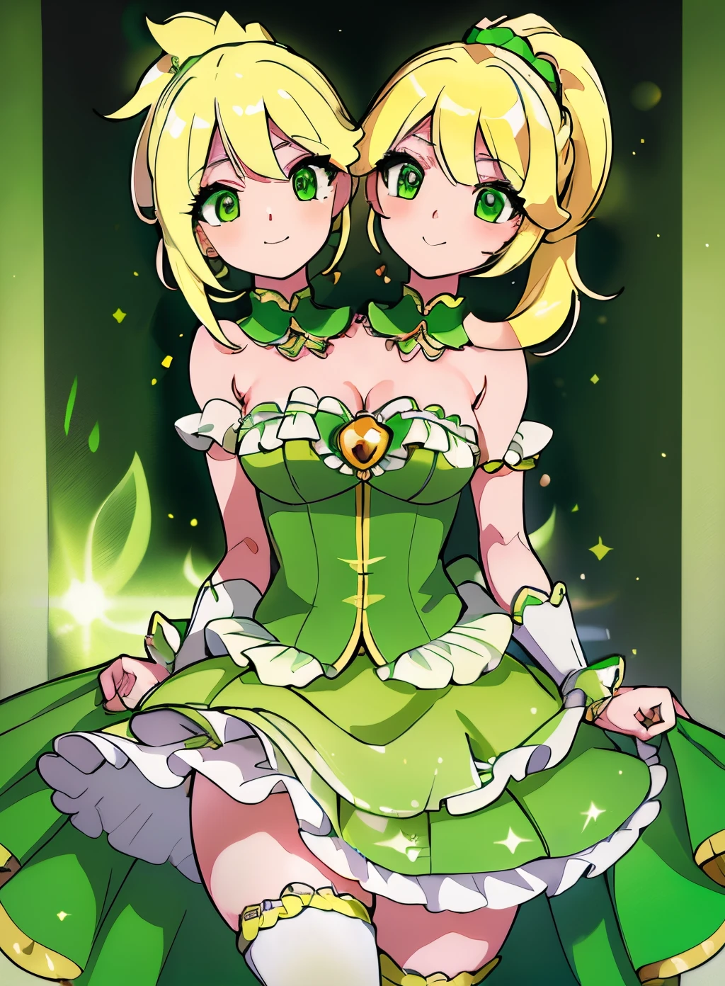 best quality, (masterpiece),(ultra-detailed), (high quality), (high resolution), (2heads:1.5) 1girl, blonde yellow hair, ponytail, lime green eyes, green magical girl dress, magical girl, green outfit