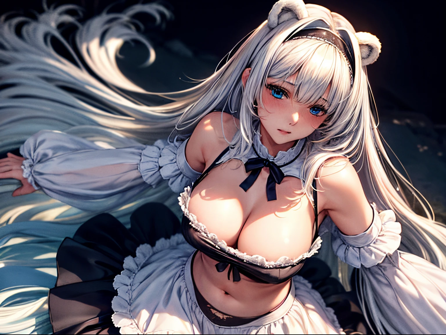 Best quality at best, masterpiece, A high resolution, 8k、intricate-detail、top-quality、ultra-detailliert、The best lighting、Best Shadows、Soft lighting、Ultra HD，solo, long hair, blue eyes,  big breasts, bangs, navel，cleavage，white hair, brave，25 years old，detailed face，detailed eyes，white bear ears，confident，cowboy shot，maid costume，top tank，heavy skirt