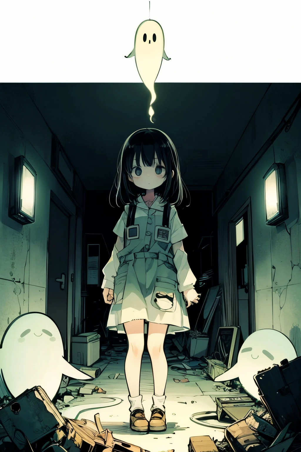 A girl exploring an abandoned hospital、I was very surprised when I heard a loud noise..、Overall dark、flash lights、I see a ghost behind the girl