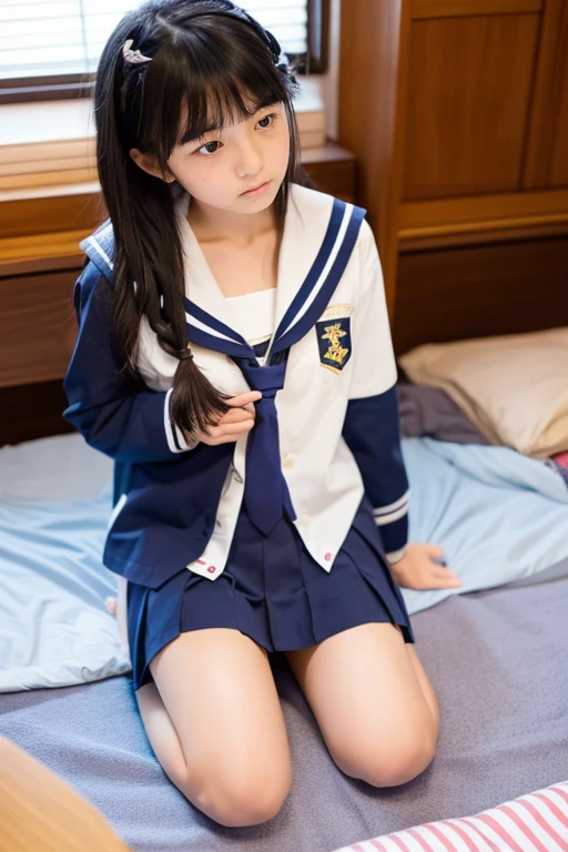 Japanese student uniform、a sailor suit、a junior high school student、crouching down、((I can see panties))、Open your legs、((a bed))、Fallen、room at night、Perplexed、Troubled face、Open your legs and expose your crotch.......、Please lift up your skirt..、