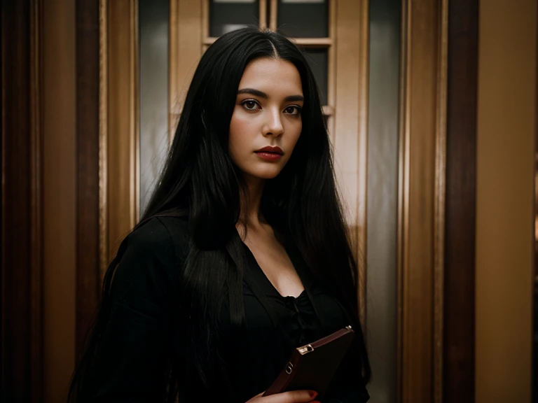 Black hair woman, realistic, long hair, red lips, half posture, solo, black dress, wizard, witch, kodak 400, dark house, portrait, real photo