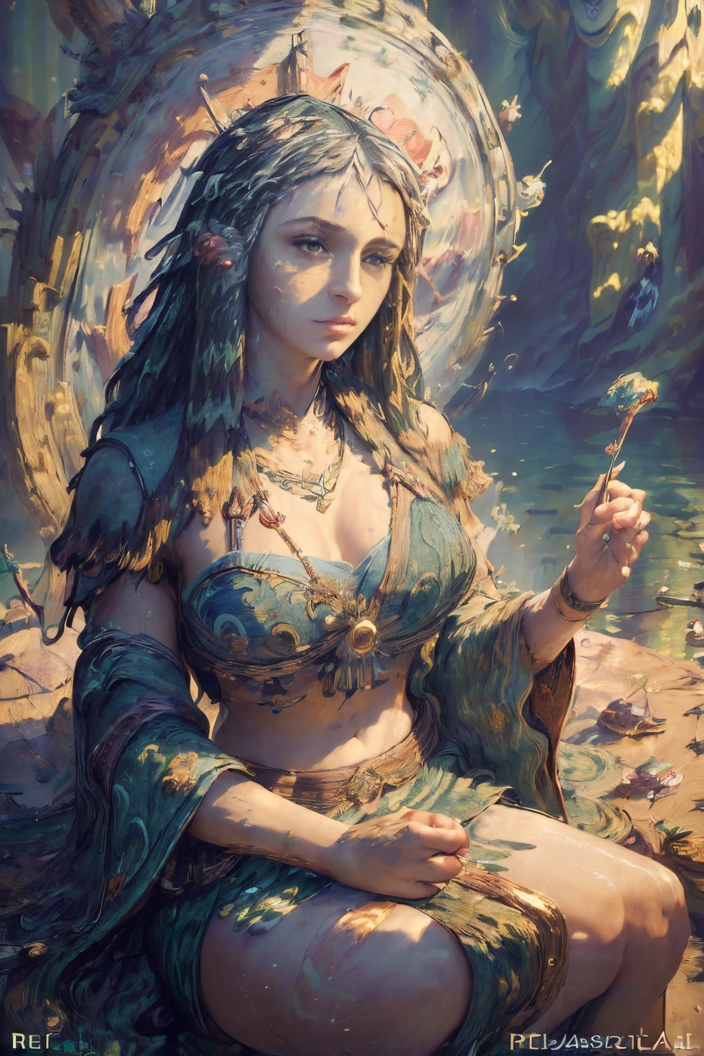 Couple (((male)), fashion shoot, (full portrait), (half), solo, detailed background, detailed face, (stonepunkAI, stone theme:1.1), wise, (beautiful hair, braid: 0.2), shaman, septum harsh, mysterious, (gorgeous face), stunning, head tilted up, (calm expression), calm, intimate interaction, sea bubble green worn clothes, rosary, Tribal ornaments, feathers in hair, headdress: 0.33, emerald, obsidian, detailed clothes, realistic skin texture, (floating particles, water swirls, embers, rituals, whirlwinds, wind: 1.2), clear focus, volumetric lighting, good highlights, good shadows, subsurface scattering, complex, highly detailed, ((film)), dramatic, (highest quality, award-winning, masterpiece: 1.5), (realism: 1.5),