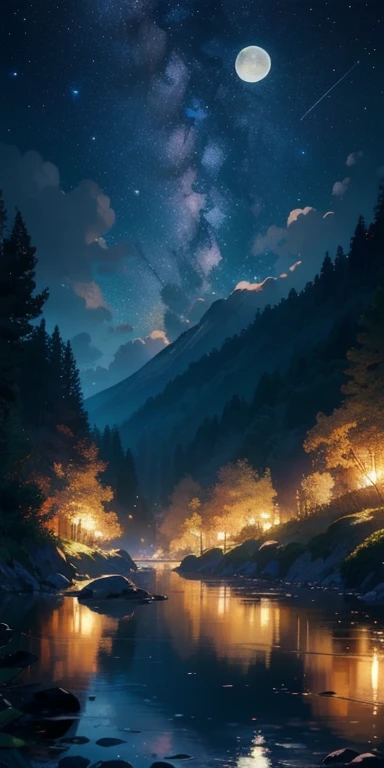master part, gorgeous, Landscape, (((DDIM_HumaNãos))), noite, flor, jardim, Starry sky, full moon constellation)) , atordoante, Vista, water, quente, aconchegante, peaceful, meteoro, cosmico, Magic, magia, particuls, soio, ((Pirilampos))