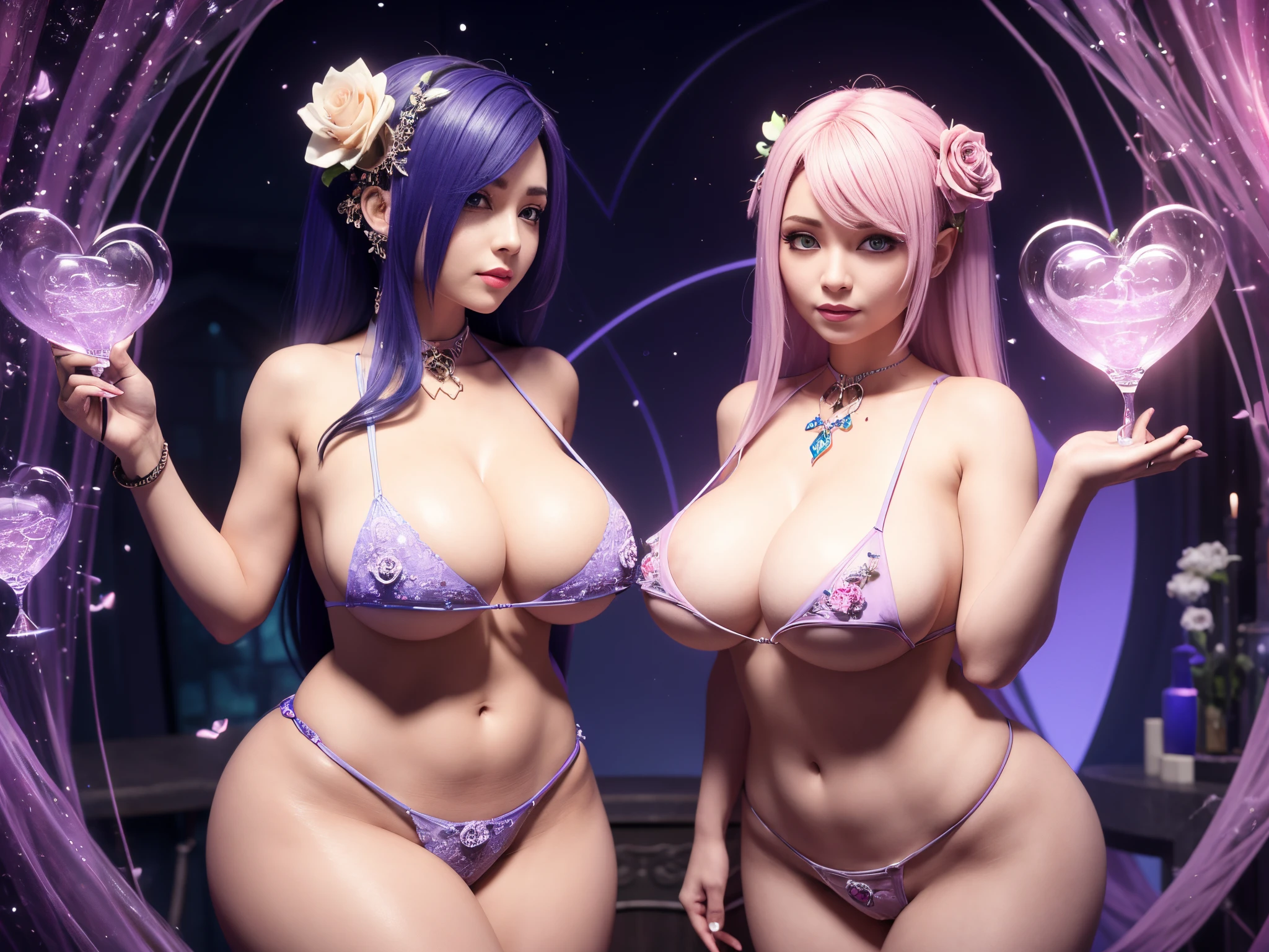 Envision an alchemist's laboratory where 3D roses are distilled into love potions, surrounded by fractal smoke and mystical symbols that infuse the air with enchanting romance. enormous tits