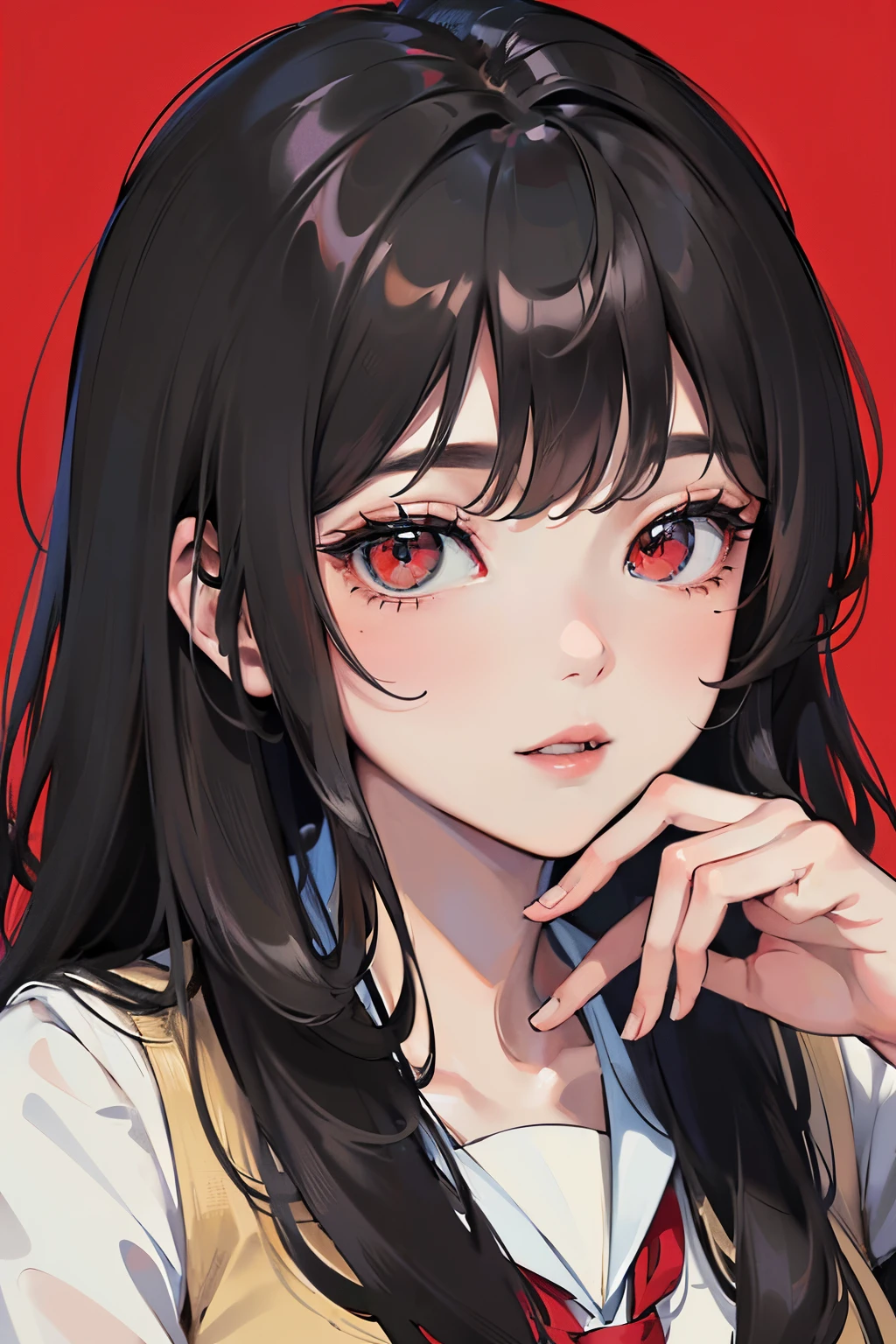 ((tmasterpiece)),(best qualtiy),(A half body),looking at away,(ultra intricately detailed),(Highest Definition),(8K),(Clean lines),(Perfect facial features),(offcial art),1little girl,matchless beauty,unrevealing clothes,blazers,student clothes,JK,High school students,Black Hair Princess Cut,With bangs,Red Eyes