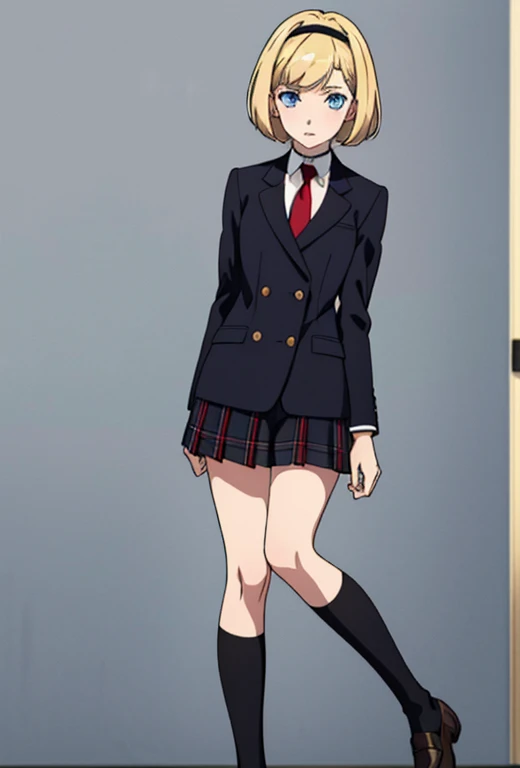 Masterpiece , best quality , solo , 1FEMALE , short blonde hair with bangs , blue eyes , pale skin , soft smile , black school blazer , white collared shirt underneath , red and black plaid school skirt , black thigh high socks , black dress shoes , choker around neck ,  background , black headband on head