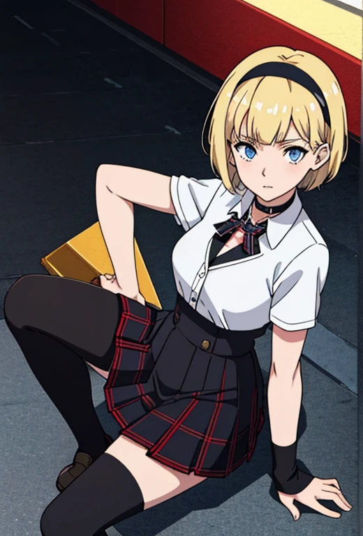 Masterpiece , best quality , solo , 1FEMALE , short blonde hair with bangs , blue eyes , pale skin , soft smile , black school blazer , white collared shirt underneath , red and black plaid school skirt , black thigh high socks , black dress shoes , choker around neck ,  background , black headband on head