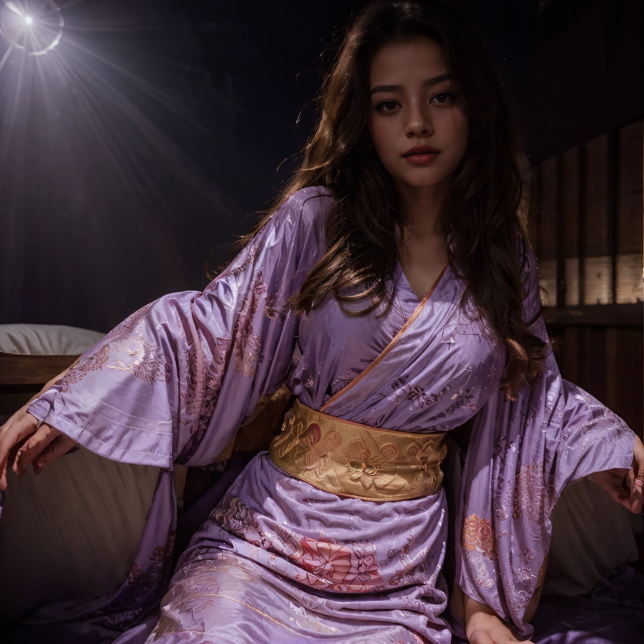 A very dreamy, beautiful, nude, open leg, masturbating , gorgeous, young , seductive eyes, red lips, long eye lashes, dancing in the party, angelic light shining through the clouds, Asian girl with long curly hair, enjoying feast and party, lavish robe, under the moonlight, violet sky with shining beautiful stars, dreamy clouds, spiritual, witchy