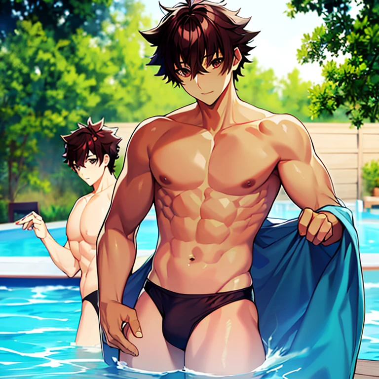 tenjou yuuya, Enfoque masculino, solamente, brown hair, brown eyes, Hermosa cara detallada, hermosos ojos detallados, negro((men costume swimwaear)), sol, junto a la piscina, Swimwear,