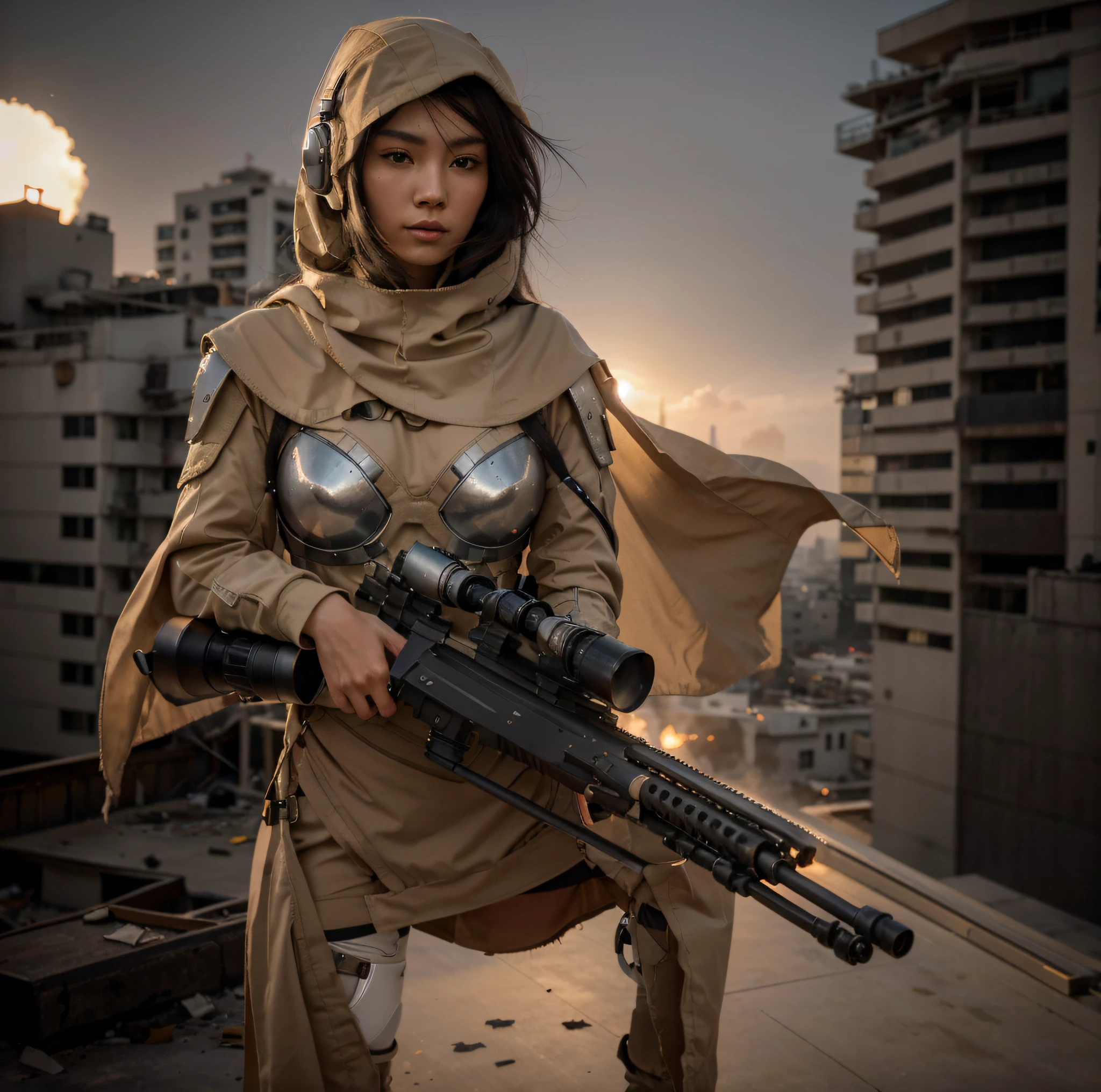 Hermosa mujer guerrera, Cara japonesa, Pelo negro muy largo, lleva una capucha beige, Modern Japanese style cyborg full heavy metal armor, Color blanco con detalles en rojo y uniforme militar beige., use modern headphones, sostiene un rifle de francotirador ultramoderno, she is on the roof of a building in a completely destroyed modern asian city, Fuego, Explosiones, humo, Hermosa puesta de sol, 4k, Imagen ultra detallada, realista, Altamente detallado, perfect composition, splendid, Intrincadamente detallado, Incredibly detailed, 8 k artistic photography, hiper detallado, Obra maestra, Ultra detallado, hiperrealista, 4k, Imagen ultra detallada, realista, Altamente detallado, perfect composition, splendid, Intrincadamente detallado, Incredibly detailed, 8 k artistic photography, hiper detallado, Obra maestra