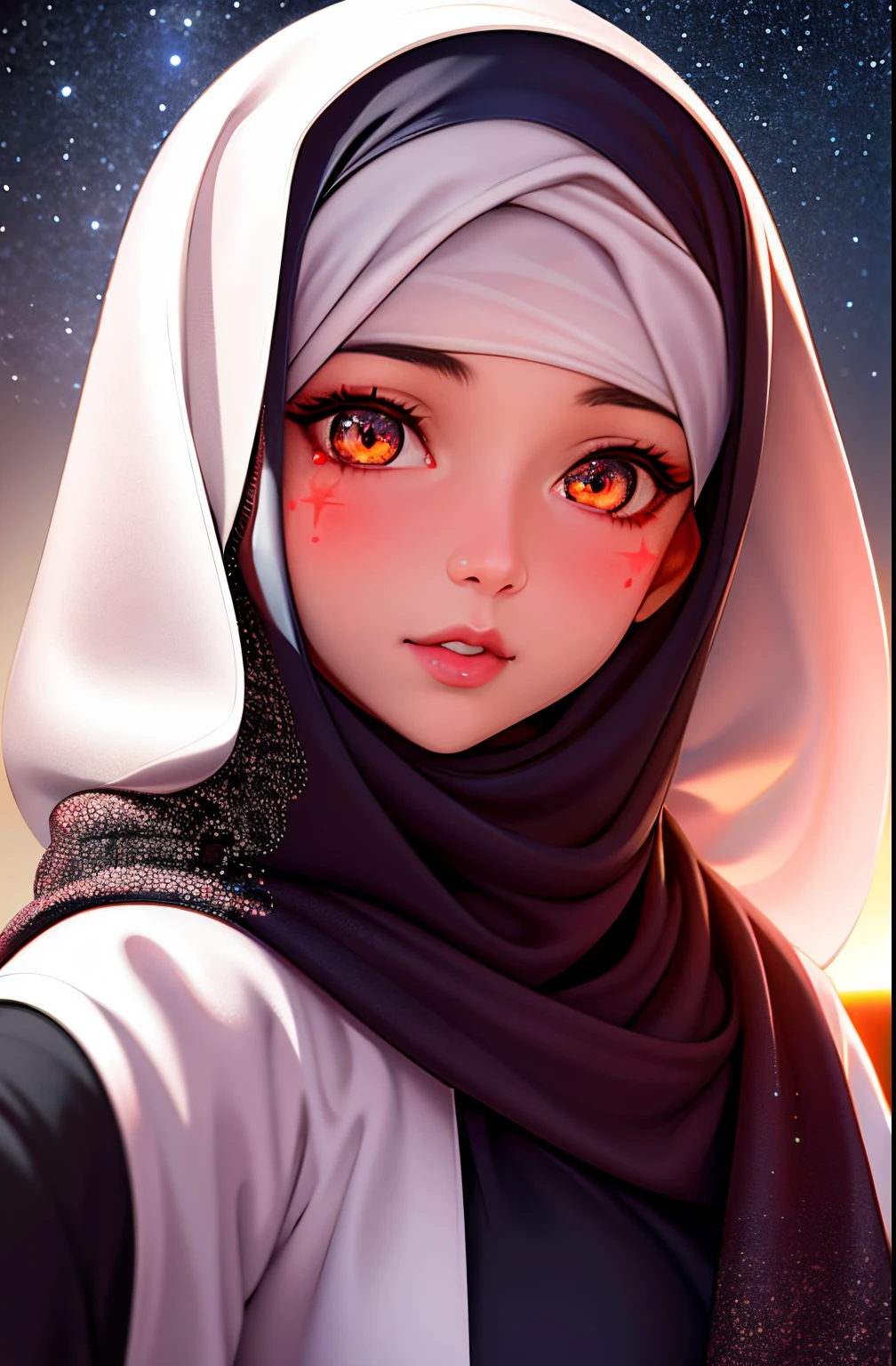 hijabi, 1girl, beautiful face, ((white eyes)), sexy pose, Red moon in the background, stars, space, (lightroom:1.13), soft light, (natural skin texture:1.2), (hyperrealism:1.2), sharp focus, focused