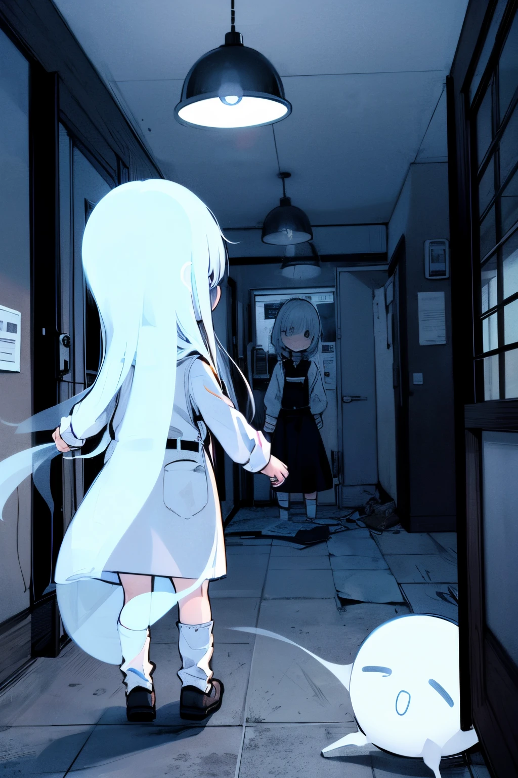 A girl exploring an abandoned hospital、I was very surprised because I heard a loud noise....、crouch down、Overall dark、flash lights、I see a ghost behind the girl、Taken from behind