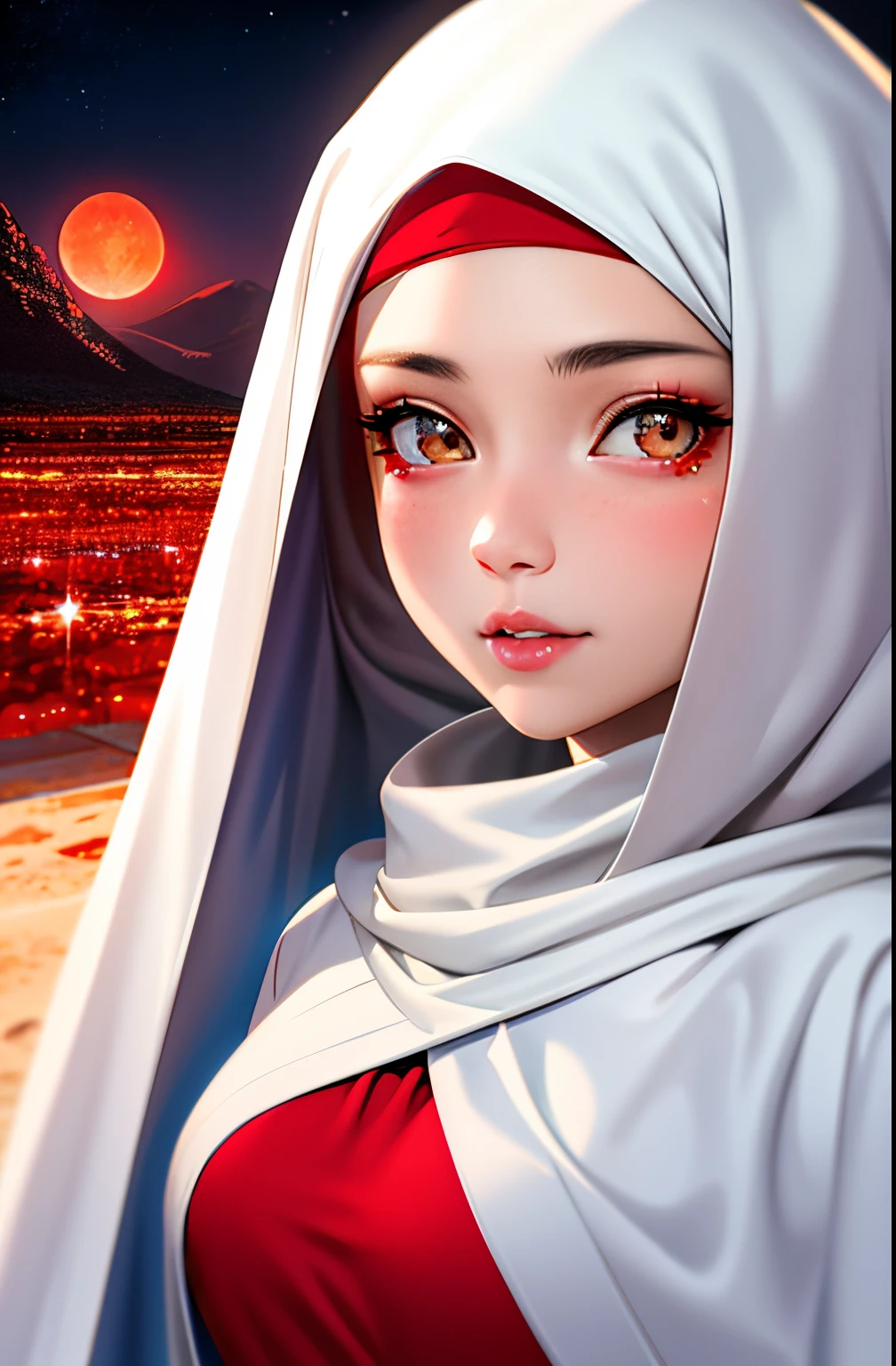 hijabi, sideboob, 1girl, beautiful face, ((white eyes)), sexy pose, Red moon in the background, stars, space, (lightroom:1.13), soft light, (natural skin texture:1.2), (hyperrealism:1.2), sharp focus, focused