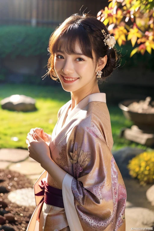 (Realistic:1.3), Rembrandt lighting, (masutepiece:1.2), (Photorealistic:1.2), (Best Quality), (Detailed skin:1.3), (Intricate details), Ray tracing,1girl in, japanaese girl, 21 years old, Detailed skin texture, (blush:0.5), Subsurface scattering, Smiling, updo hair, Bangs, hair between eye, Hair ornaments, Kimono, with floral pattern, wearing edgJF_Kimono, Seiza (bright sunny day, Autumn setting, Autumn trees々and leaves, (a Zen garden:1.2)