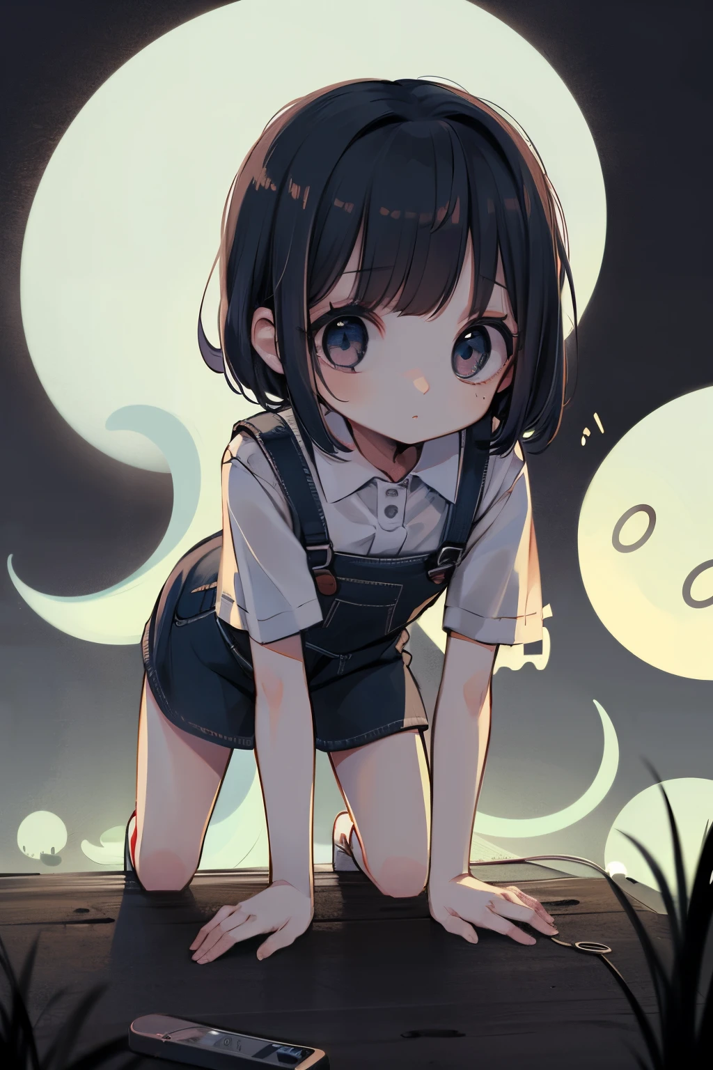 A girl exploring an abandoned hospital、I was very surprised because I heard a loud noise.....、Crouch down、Overall dark、flash lights、I see a ghost behind the girl