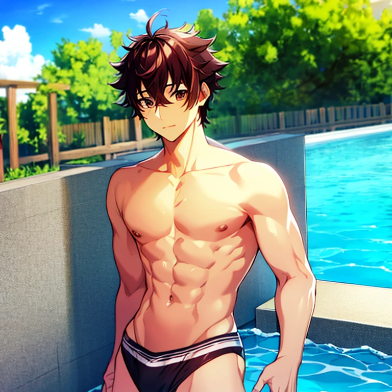 tenjou yuuya,uno chico, Enfoque masculino, solamente, brown hair, brown eyes, Hermosa cara detallada, hermosos ojos detallados, negro((men costume swimwaear)), sol, junto a la piscina, Swimwear,