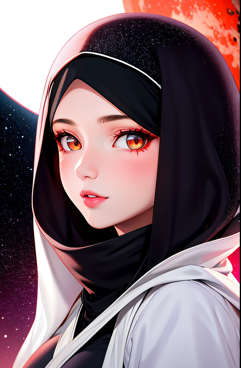 hijabi, cleavage, 1girl, beautiful face, ((white eyes)), sexy pose, Red moon in the background, stars, space, (lightroom:1.13), soft light, (natural skin texture:1.2), (hyperrealism:1.2), sharp focus, focused