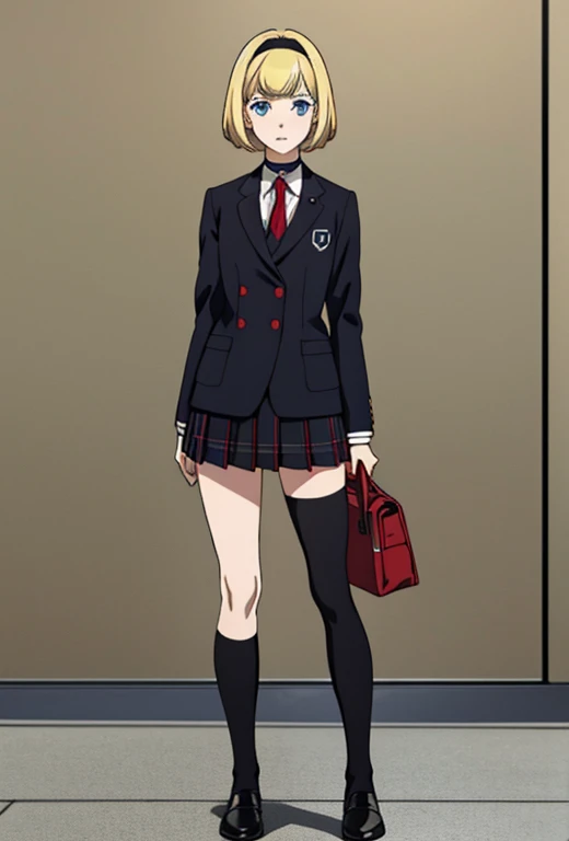 Masterpiece , best quality , solo , 1FEMALE , short blonde hair with bangs , blue eyes , pale skin , soft smile , black school blazer , white collared shirt underneath , red and black plaid school skirt , black thigh high socks , black dress shoes , choker around neck ,  background , black headband on head , standing , holding black school bag