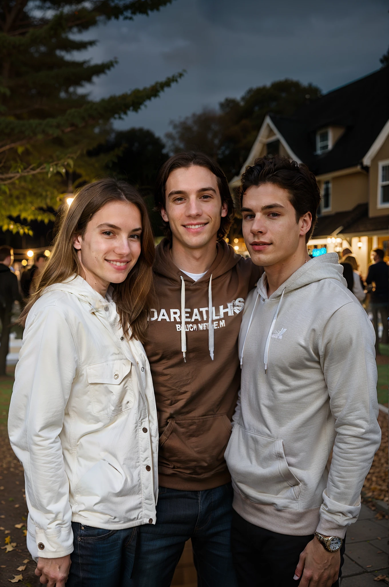 caucasian pale white male skinny build, darkbrown medium length hair, white hoodie