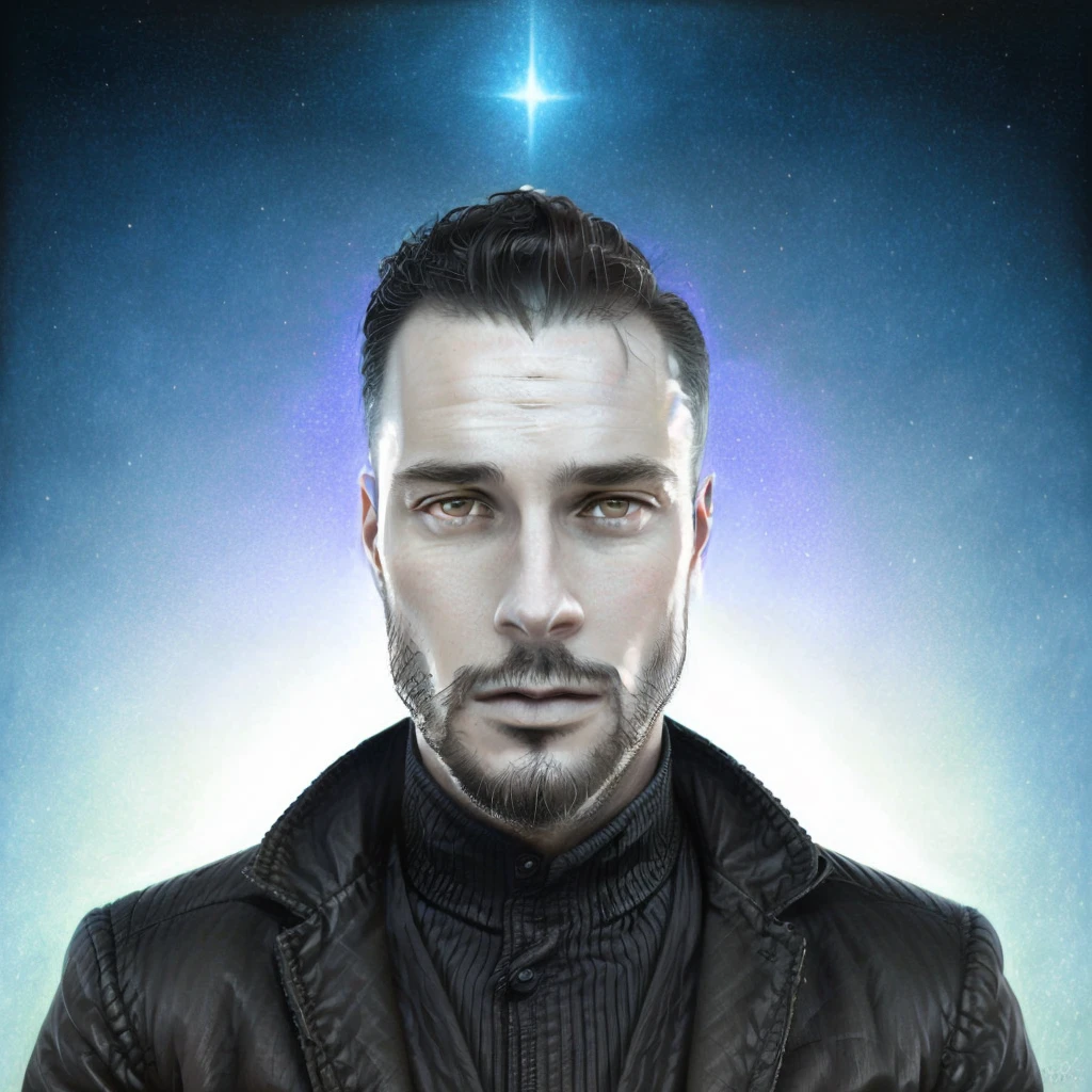 arafed man with a beard and a black jacket looking at the camera, strange portrait with white background, 8 0's style tomasz alen kopera, donato giancola and tom bagshaw, tom bagshaw donato giancola, tom bagshaw portrait, yuri shwedoff and tom bagshaw, inspired by tomasz alen kopera