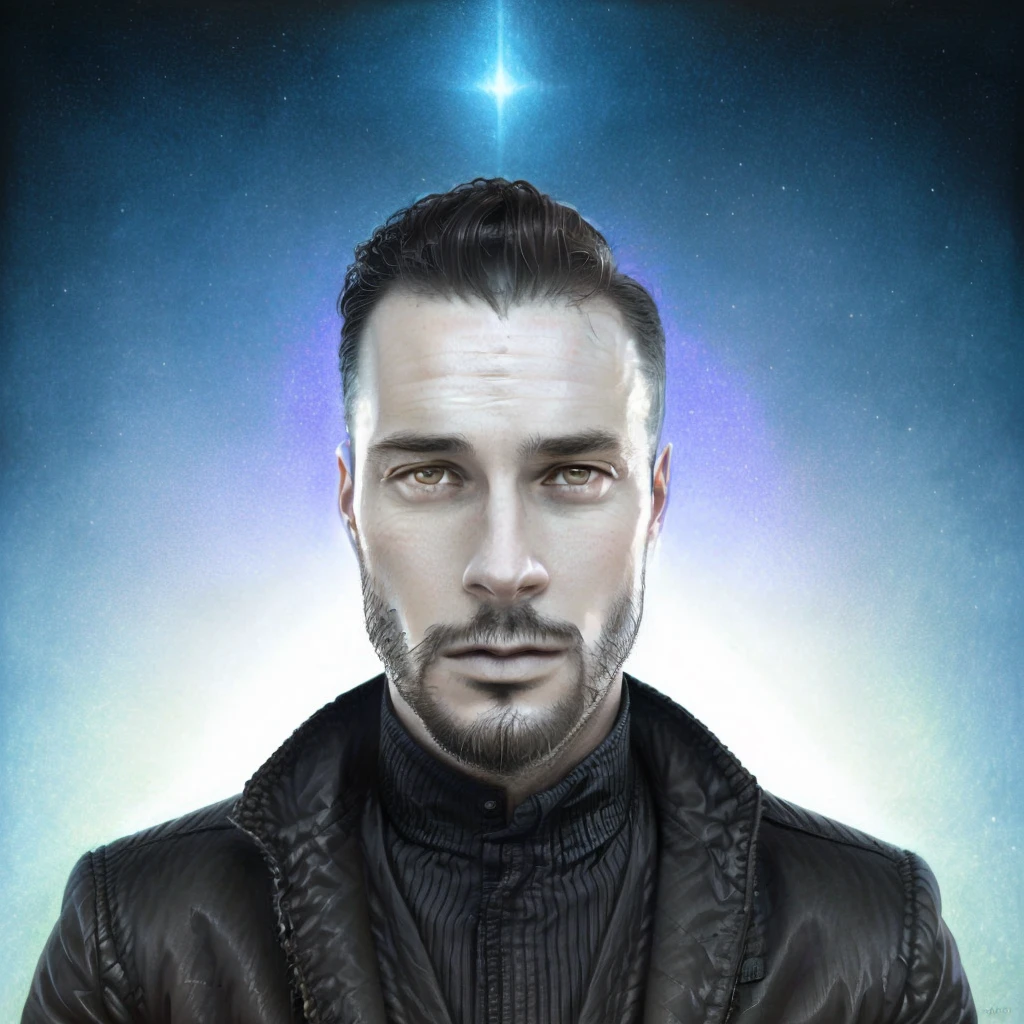 arafed man with a beard and a black jacket looking at the camera, strange portrait with white background, 8 0's style tomasz alen kopera, donato giancola and tom bagshaw, tom bagshaw donato giancola, tom bagshaw portrait, yuri shwedoff and tom bagshaw, inspired by tomasz alen kopera