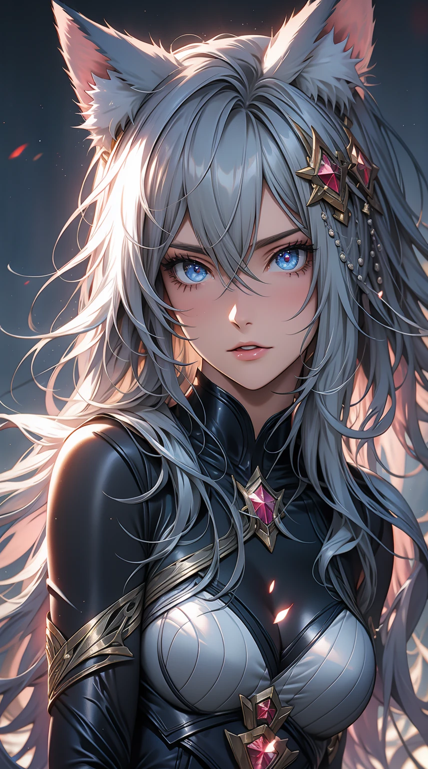 Best Quality, 4K, 8K, hight resolution, Ultra-detailed, Realistic, Photorealistic, nffsw, Studio Lighting, extreme detail description, Professional, Vivid colors, Bokeh, Portraits, Silver hair, Fox ears, Fox tail, odd eye, a captivating gaze, Twin-tailed