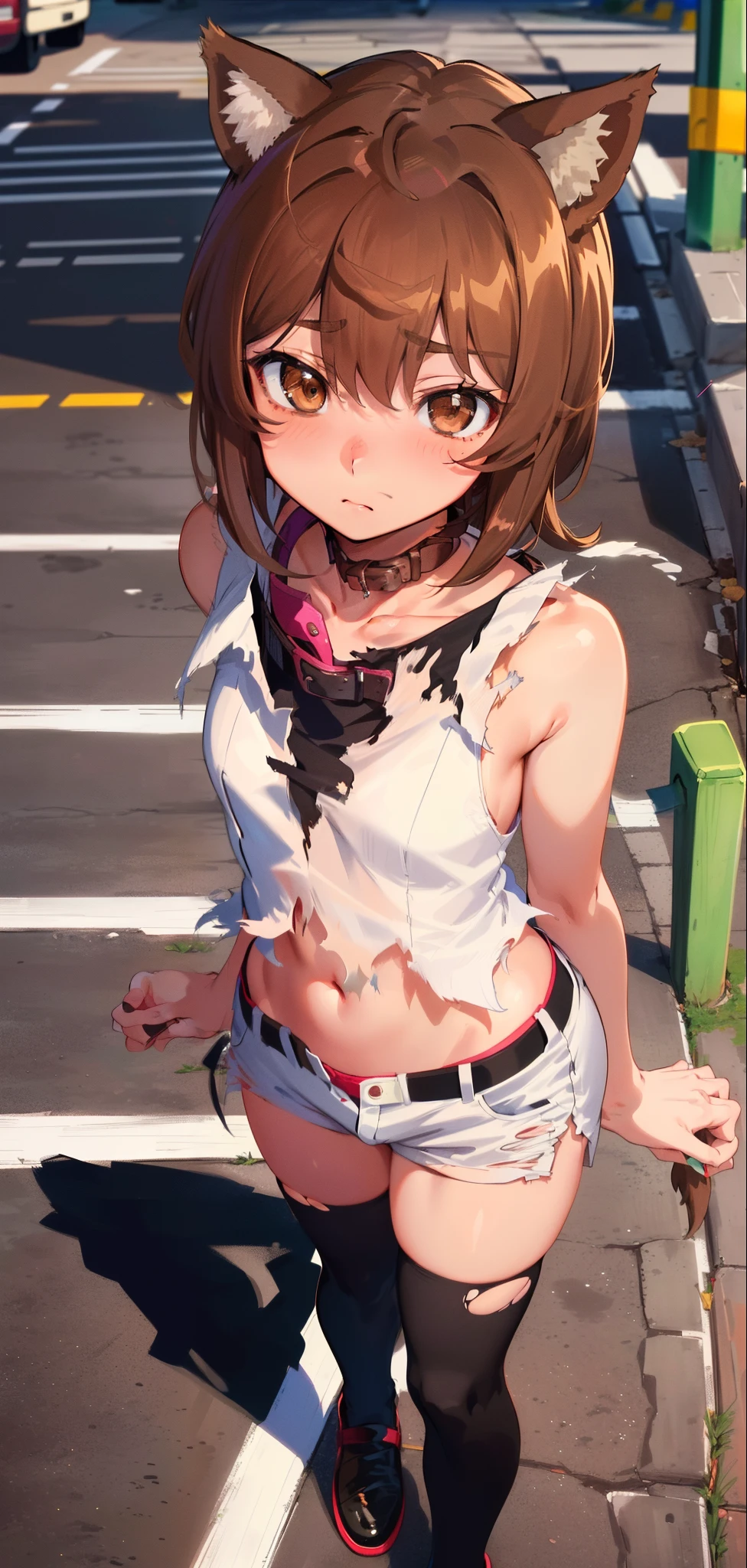 anime coloring,anime screencap,
1girl, solo, thighhighs, tail, animal ears, torn clothes, navel, brown hair, black thighhighs, blush, sleeveless, dog ears, short hair, standing straight, (((ultra-detailed eyes, 20 years old, street, brown eyes, submissive and obedient, collar))).