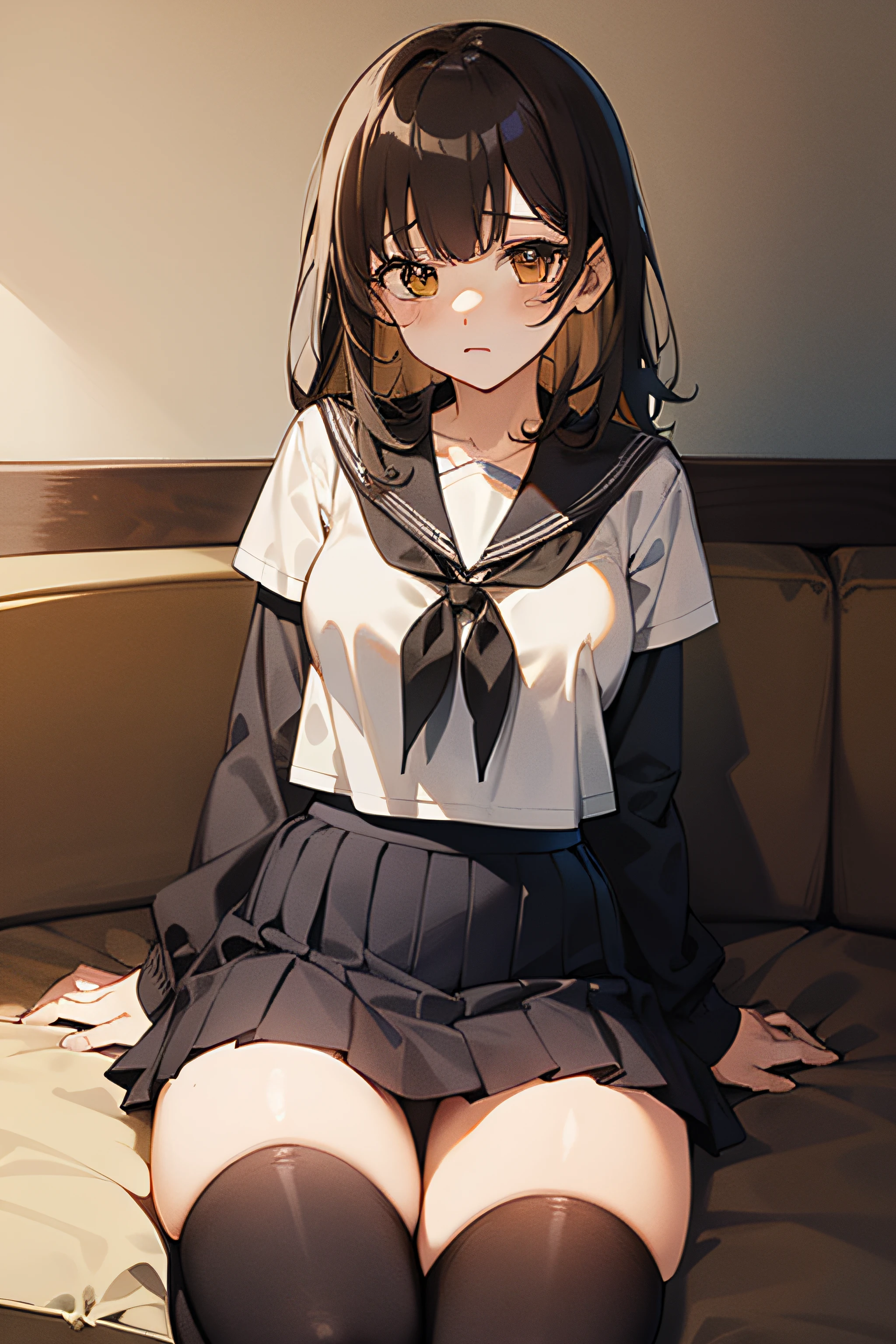 {{ogiwara sayu, shave. Hirou Socite Joshi Kosei.}},NSFW, 1 girl, School uniform/serafuku, Pleated skirt, sitting in the couch, {showing underwear}, scornful, scornful, white thighhig, {{{{Younger}}}}, {{slender}}, Black medium hair, Shiny hair, Yellow eyes, medium breasts, Indoor, {{Train}}, {Cowboy Shot}, {{facing the front there}}, from the outside, {{Solo Focus}}, {{Perfect face}}, {{Perfect Anatomy}}, Convoluted, (Highly detailed),