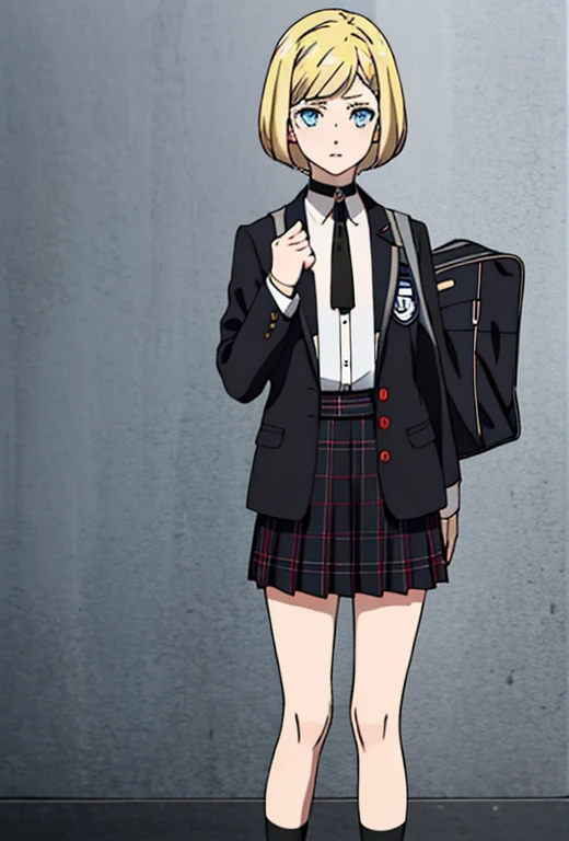 Masterpiece , best quality , solo , 1FEMALE , short blonde hair with bangs , blue eyes , pale skin , soft smile , black school blazer , white collared shirt underneath , red and black plaid school skirt , black thigh high socks , black dress shoes , choker around neck ,  background , black headband on head , standing , holding black school bag