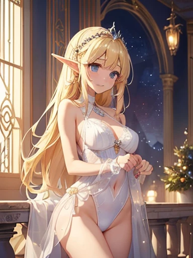top-quality、Top image quality、masterpiece、Super beautiful elf girl((24 year old、Best Bust、big bast、Bust 90,Beautiful long blonde hair ironed、A slender、 skating、Esbian、beautiful tiara、hiquality、Beautiful Art、Background with((starrysky)))masutepiece、visualart、depth of fields、low angle of morning sky、Yuki、Elven ears、、light magic、kosmos、、Happy smile、Gentle light、、Beautiful legs that are gentle on the skin、、、Number of fingers to achieve precise finger movements、ticker beautiful white underwear、beautiful decorative lingerie、Sexy leotard、elegent、Mystical 、Beautiful decoration of marble columns、Winters、Yucatin Glamorous body、Sexy Sexy、 Morning light、Beautiful decoration、