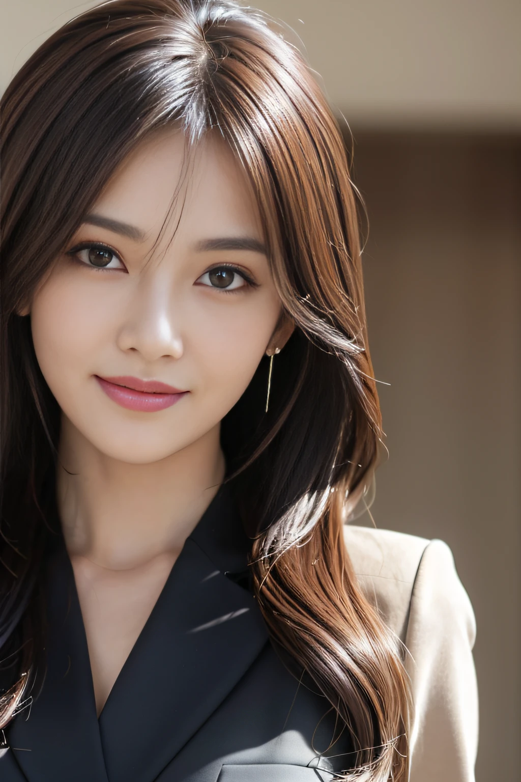 masutepiece, Best Quality, Photorealistic, Ultra-detailed, finely detail, High resolution, 8K Wallpaper, 1 beautiful woman,, light brown messy hair, in a business suit, foco nítido, Perfect dynamic composition, Beautiful detailed eyes, detailed hairs, Detailed realistic skin texture, Smiling, Close-up portrait, Model body type