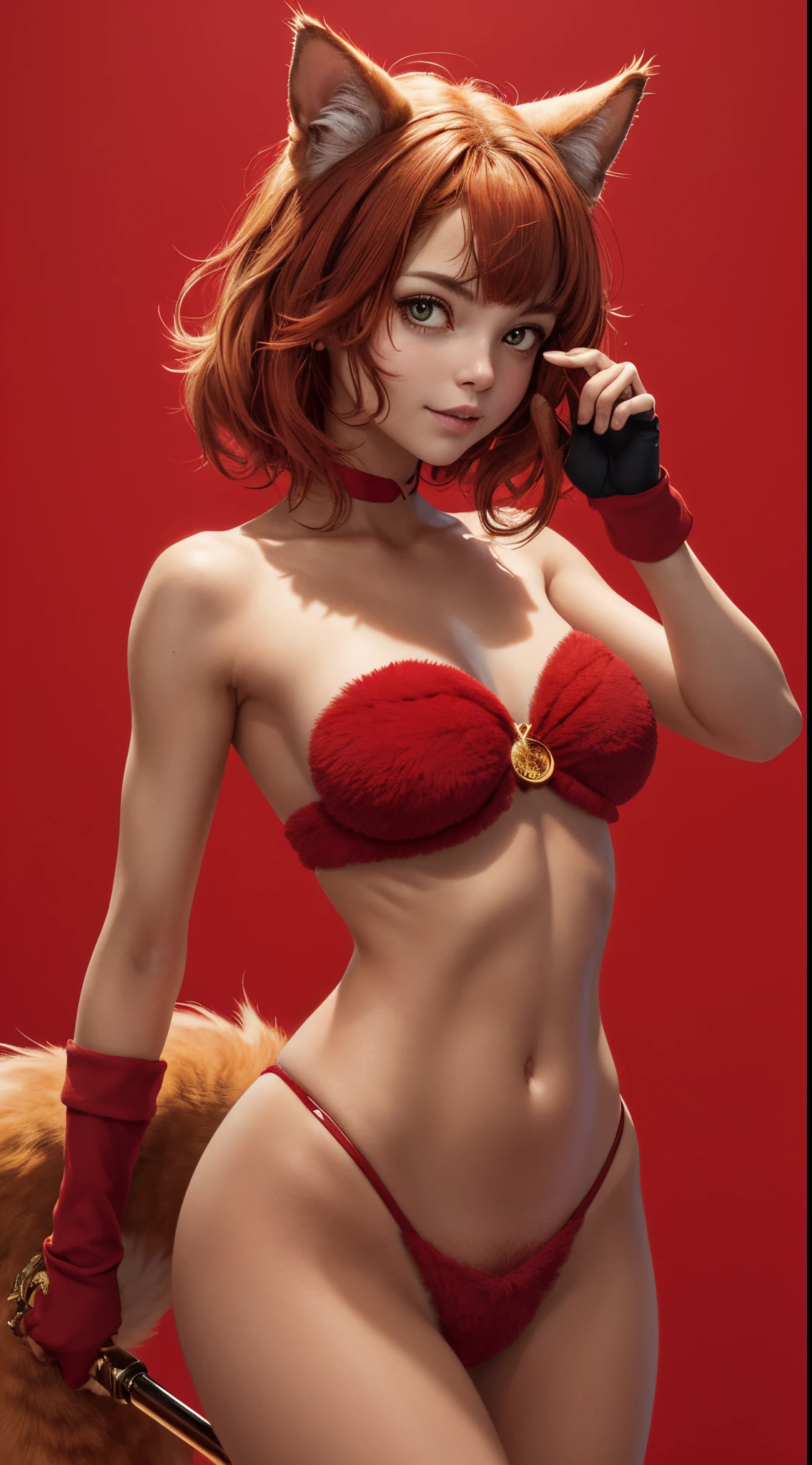 1girl, orelhas de gato, fluff, fundo simples, (tema vermelho), (ouro:0.9), (master part, extremely high quality:1.18), CG, 8k, Qualidade extrema, StyleBuff