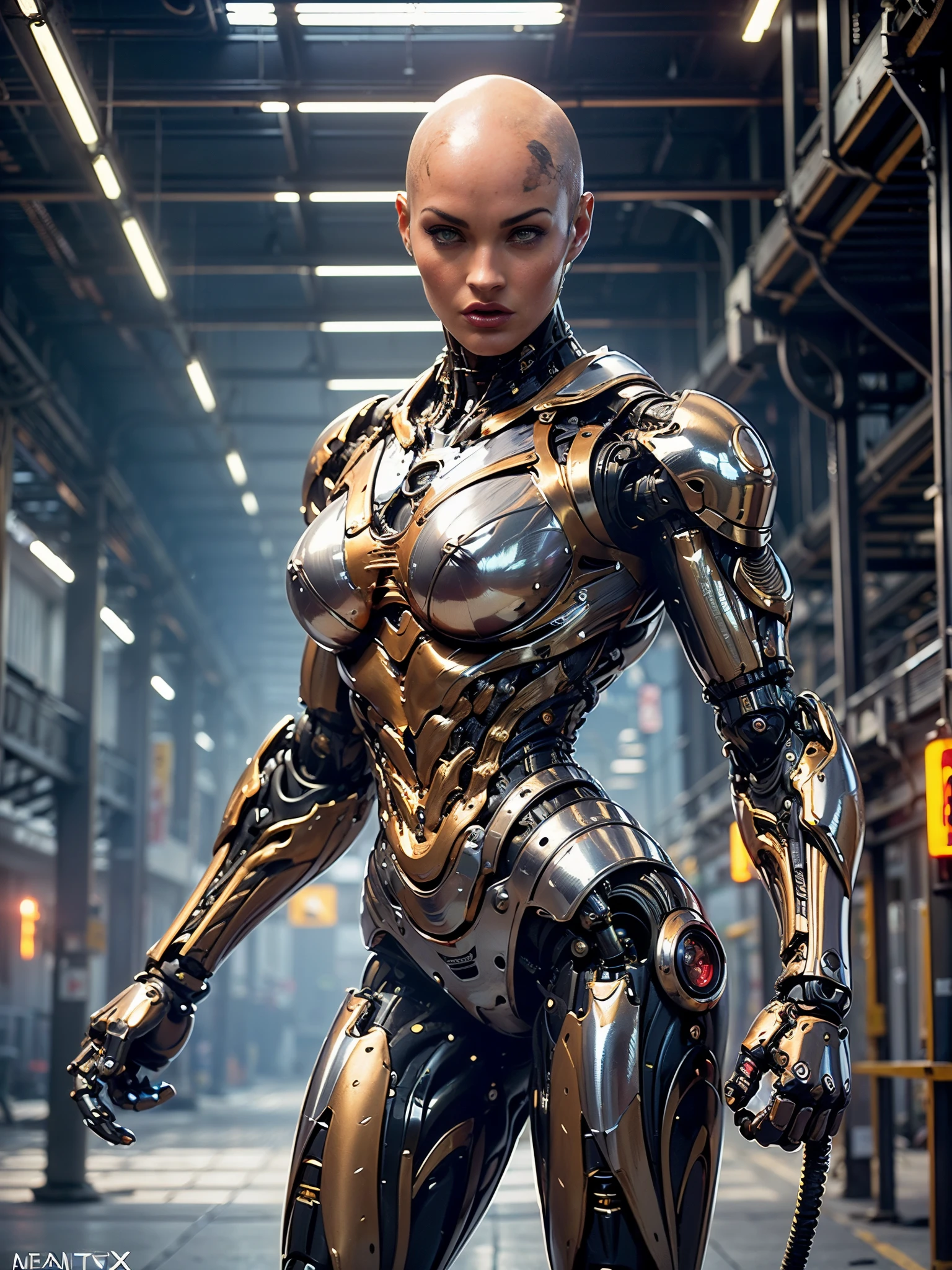 (beautiful muscular female cyborg:1.25), (megan-fox:1.5), (full body pose), (metallic muscular armor:1.5), (no hair), (bald head covered in cables:1.5), (robotic mechanical physique:1.5), (super muscular female cyborg:1.5), (covered in cables and mechanical muscles:1.5), (android muscular anatomy:1.5), (perfect fingers:1.25),(8k, RAW photo, photorealistic:1.25), sci fi atmosphere, futuristic dystopia, alien landscape,