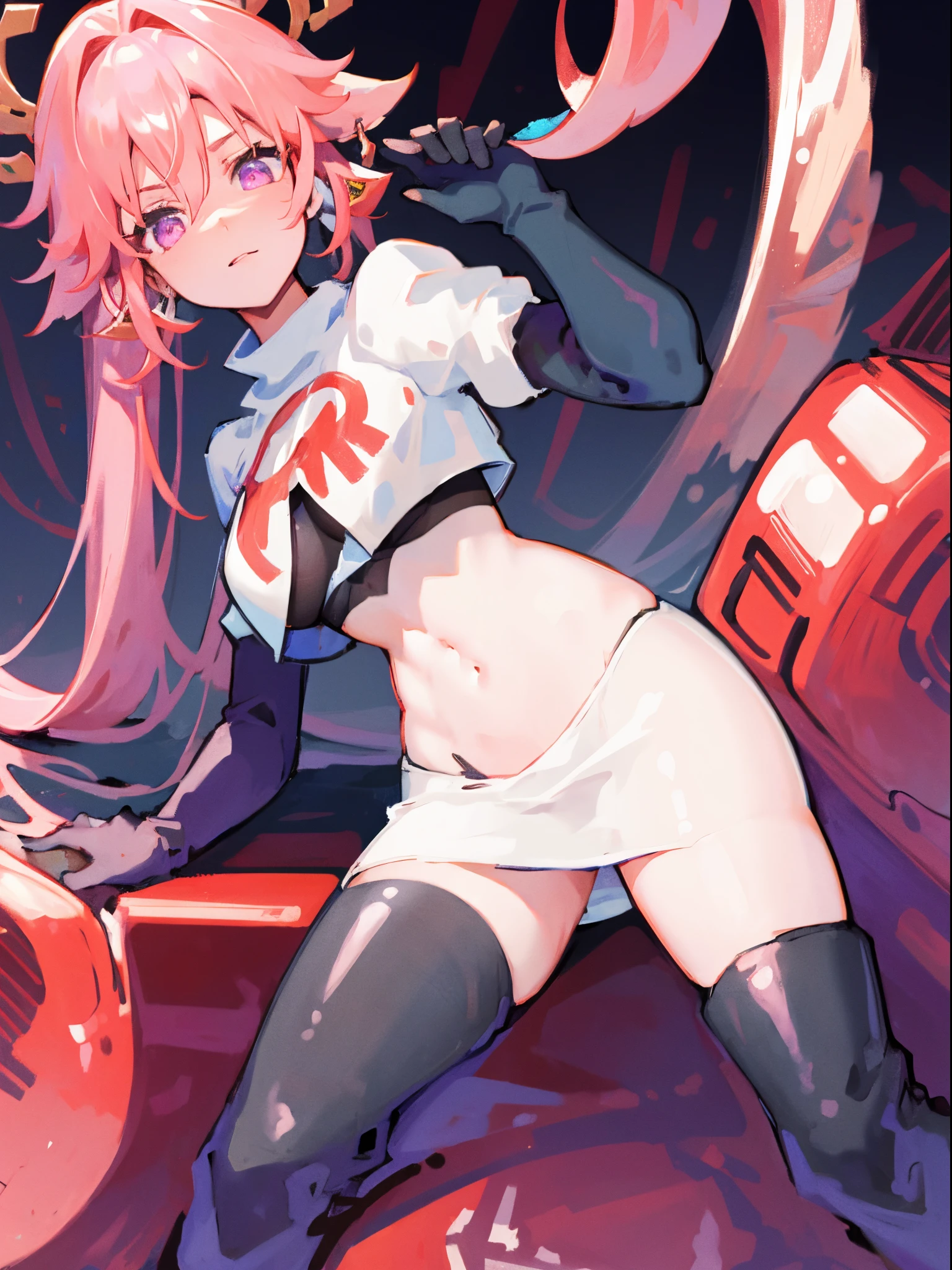 ((masterpiece, best quality)),8k ,Yae miko,1girl, \n/, animal ears, breasts, earrings, flower, fox ears, gem, hair between eyes, hair ornament, jewelry, long hair, medium breasts, miko, pink eyes, pink flower, pink hair, purple gemstone, sidelocks,team rocket,team rocket uniform,white skirt,crop top,black thigh-high boots,black elbow gloves,