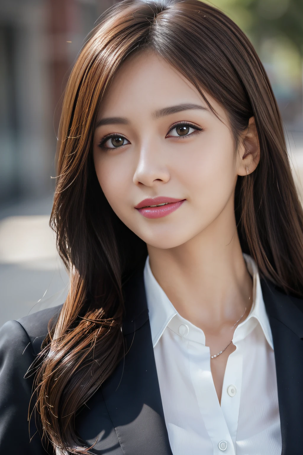 masutepiece, Best Quality, Photorealistic, Ultra-detailed, finely detail, High resolution, 8K Wallpaper, 1 beautiful woman,, light brown messy hair, in a business suit, foco nítido, Perfect dynamic composition, Beautiful detailed eyes, detailed hairs, Detailed realistic skin texture, Smiling, Close-up portrait, Model body type