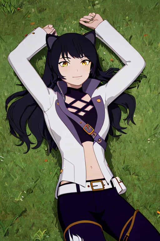 ((masterpiece,best quality)), 
Blake_RWBY,   1girl, solo, black hair, long hair, cat ears, animal ears, yellow eyes,
 belt, midriff, pants, jacket, 
solo, smiling, looking at viewer, solo, smile, cowboy shot, lying, on back, on grass, arms up, blue pants. closed mouth,
cinematic composition,