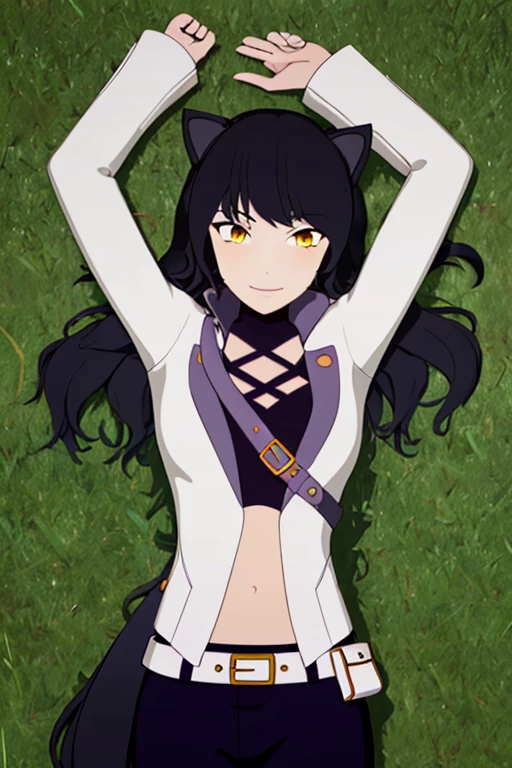 ((masterpiece,best quality)), 
Blake_RWBY,   1girl, solo, black hair, long hair, cat ears, animal ears, yellow eyes,
 belt, midriff, pants, jacket, 
solo, smiling, looking at viewer, solo, smile, cowboy shot, lying, on back, on grass, arms up, blue pants. closed mouth,
cinematic composition,