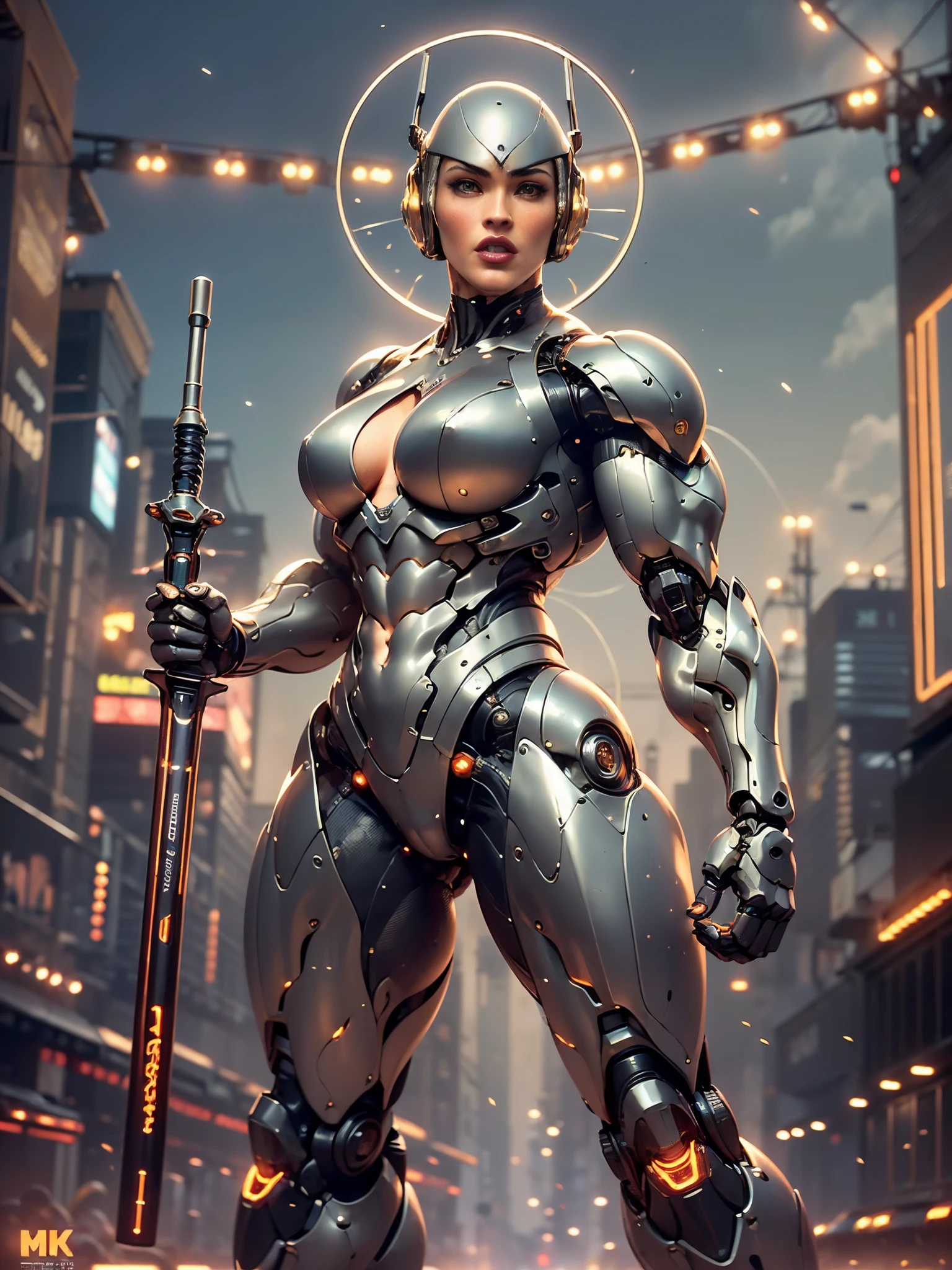 (beautiful muscular female cyborg:1.25), (megan-fox:1.5), (full body pose), (metallic muscular armor:1.5), (no hair), (bald head covered in cables:1.5), (robotic mechanical physique:1.5), (super muscular female cyborg:1.5), (covered in cables and mechanical muscles:1.5), (android muscular anatomy:1.5), (perfect fingers:1.25),(8k, RAW photo, photorealistic:1.25), sci fi atmosphere, futuristic dystopia, alien landscape,