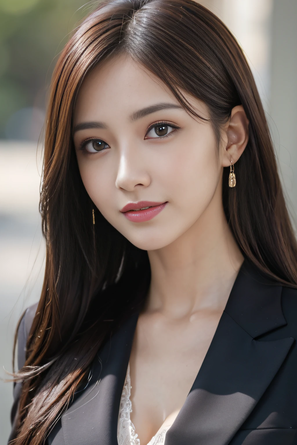 masutepiece, Best Quality, Photorealistic, Ultra-detailed, finely detail, High resolution, 8K Wallpaper, 1 beautiful woman,, light brown messy hair, in a business suit, foco nítido, Perfect dynamic composition, Beautiful detailed eyes, detailed hairs, Detailed realistic skin texture, Smiling, Close-up portrait, Model body type