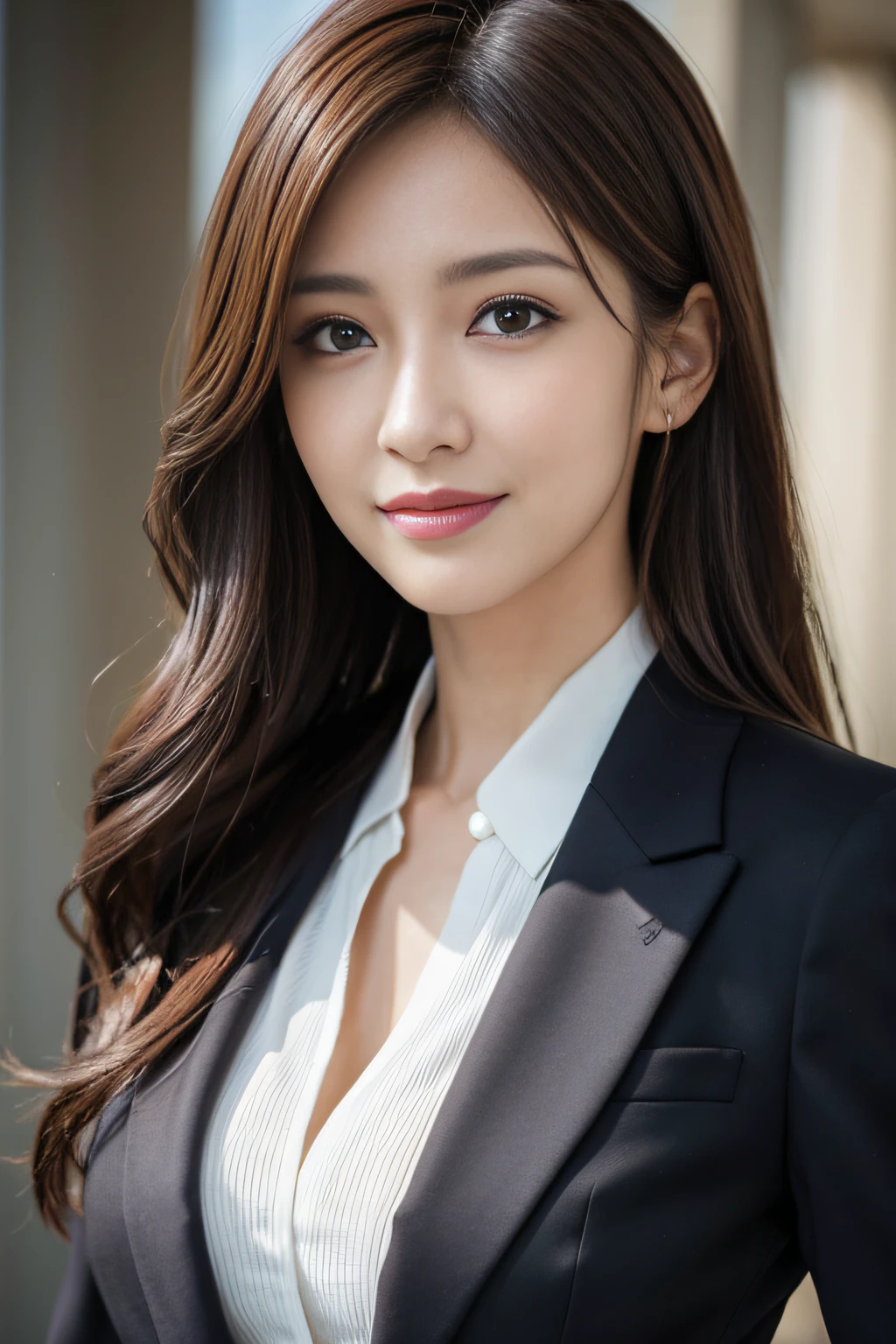 masutepiece, Best Quality, Photorealistic, Ultra-detailed, finely detail, High resolution, 8K Wallpaper, 1 beautiful woman,, light brown messy hair, in a business suit, foco nítido, Perfect dynamic composition, Beautiful detailed eyes, detailed hairs, Detailed realistic skin texture, Smiling, Close-up portrait, Model body type