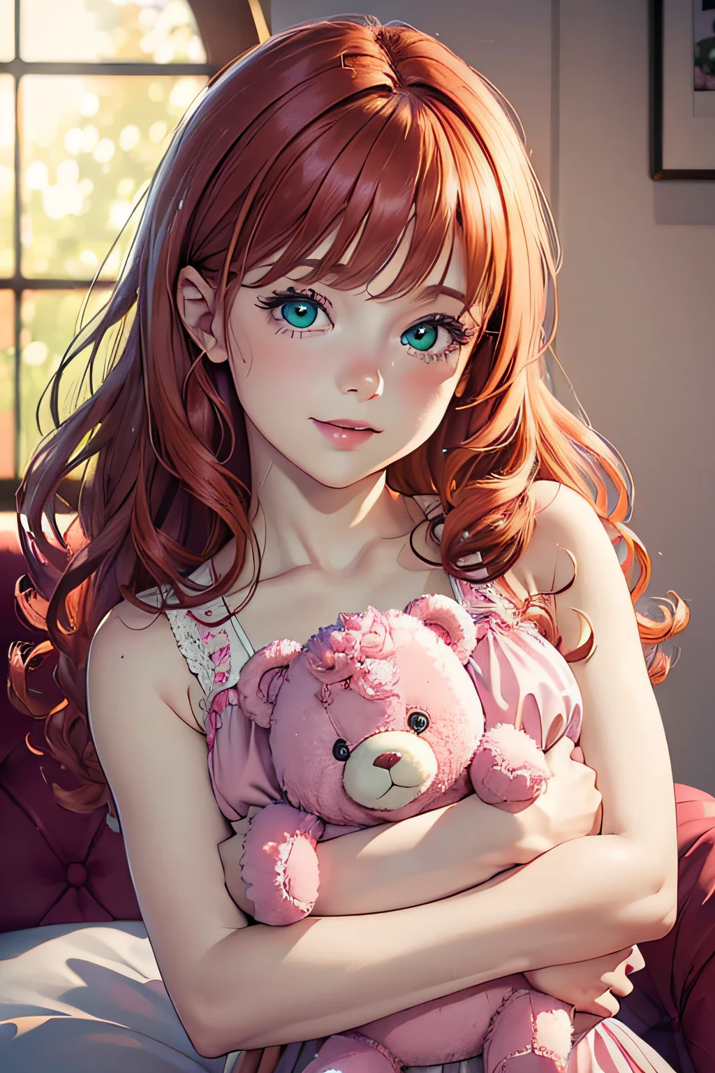 (best quality,ultra-detalhado,Realistic:1.37),(HDR,UHD),(studio lighting,Physically-based rendering),garota, baby,cabelos ruivos cacheados,hugging a pink teddy bear,roupas fofas e rosa,pale skin,bochechas rosadas,olhos verdes,long eyelashes,sorriso doce,barnet,7 anos.