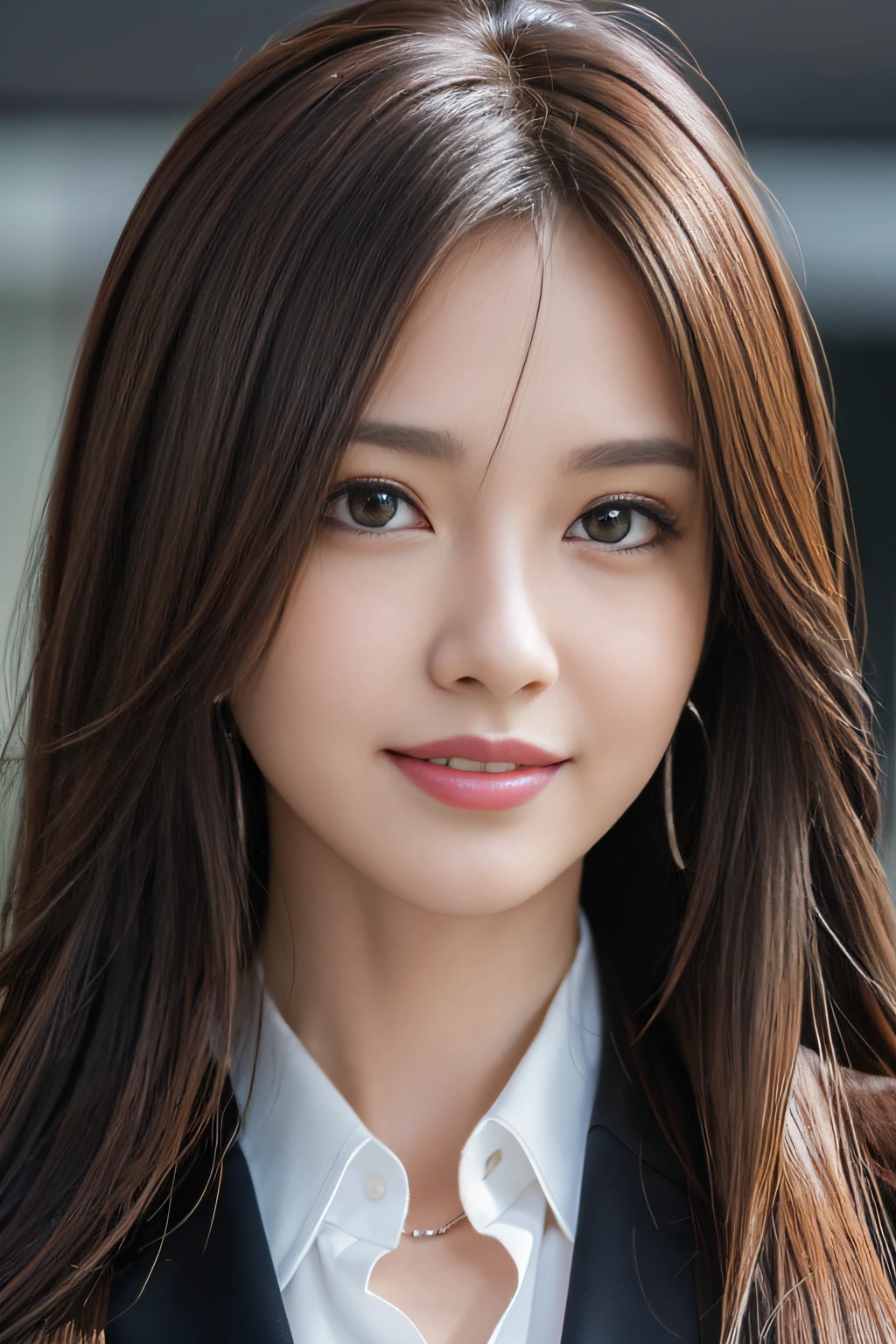 masutepiece, Best Quality, Photorealistic, Ultra-detailed, finely detail, High resolution, 8K Wallpaper, 1 beautiful woman,, light brown messy hair, in a business suit, foco nítido, Perfect dynamic composition, Beautiful detailed eyes, detailed hairs, Detailed realistic skin texture, Smiling, Close-up portrait, Model body type