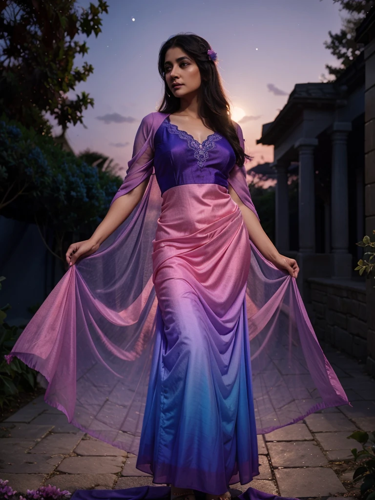 a beautiful gradient magenta-blue plane georgette,silk , soft , smooth , fabric , chiffon, and attractive maxi salvar and dupatta, 3d blue flower lace , kept standing in the moonlight garden and focus on her