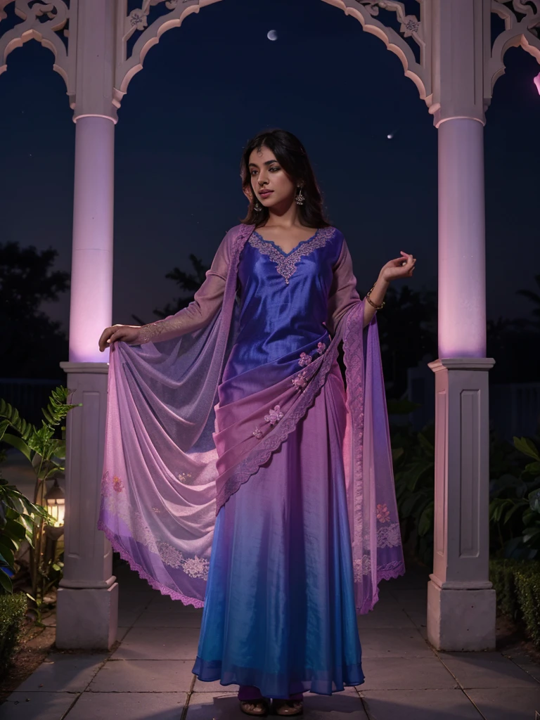 a beautiful  gradient magenta-blue plane georgette,silk , soft , smooth , fabric , chiffon,  and attractive  maxi  salvar and dupatta, 3d  blue flower lace , kept standing in the moonlight garden and focus on her