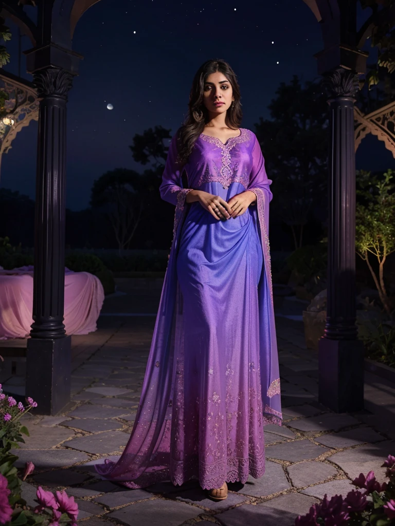 a beautiful  gradient magenta-blue plane georgette,silk , soft , smooth , fabric , chiffon,  and attractive  maxi  salvar and dupatta, 3d  blue flower lace , kept standing in the moonlight garden and focus on her