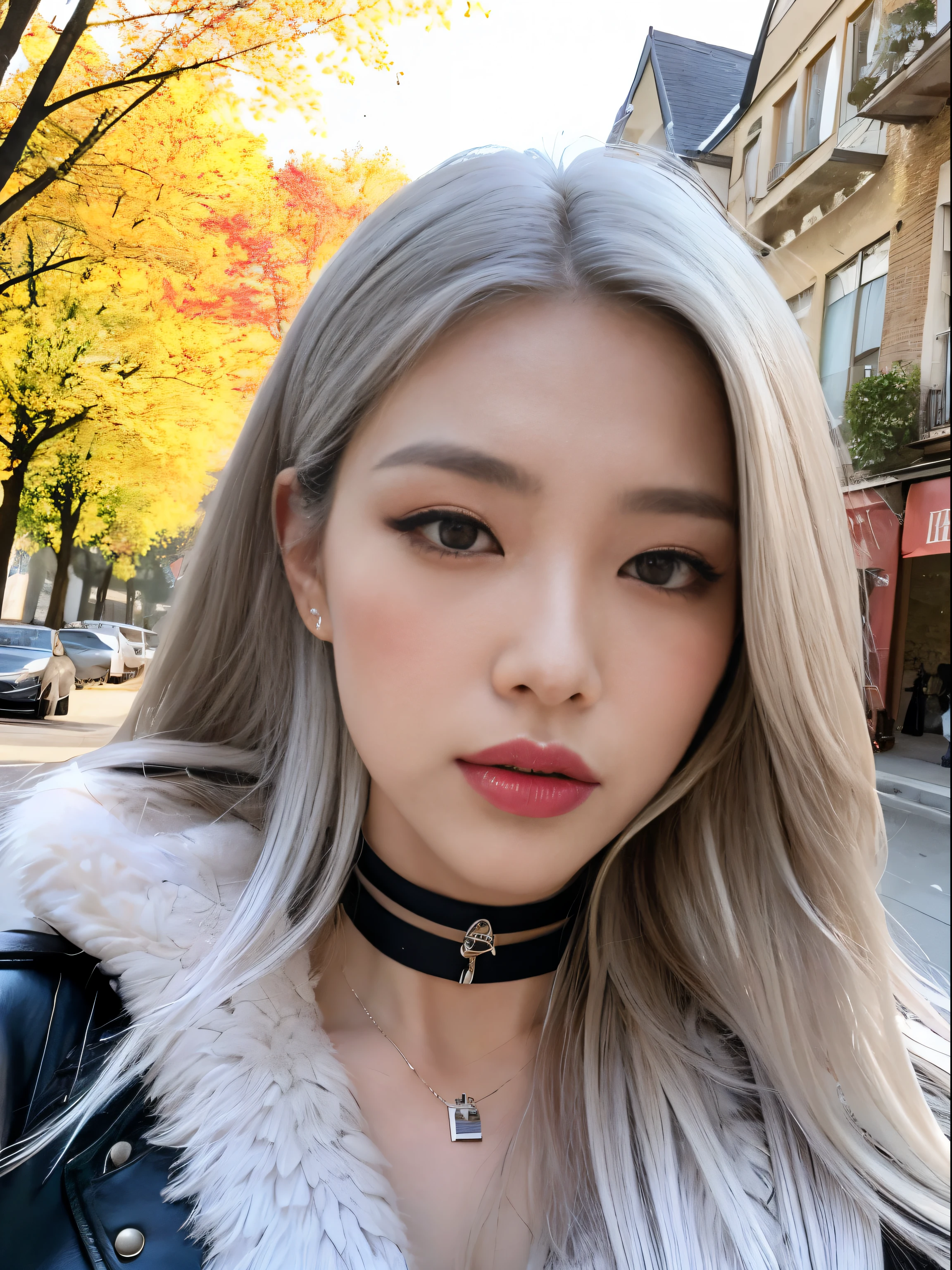 the best quality, 8K, 32 Tsd., Meisterwerk, UHD, Eine Nahaufnahme einer Frau in schwarzem Oberteil und Rock, chocker, halsband, halsschmuck, leather chocker, leder halsband, gorgeous young korean woman, schwarzer BH, winziger schwarzer BH, beautiful south korean woman, Korean Girl, schwarzes Oberteil, in einem schwarzen Betch-BH, Offene V-Brust-Kleidung, she wearing a black tank top, beautiful young korean woman, beautiful asian girl, gorgeous chinese model, good young girl, schmales gesicht, Ultra-detailliertes Gesicht, Detaillierte Lippen, Detaillierte Augen, Doppelte Augenlider, white hair, white hair color, bright white bleached hair, grey hair, silver hair, outside, winter, autumn, herbst, cold, fur jacket, fur coat, winter jacket, snow, no leafs on trees, city, stadt, town selfie,