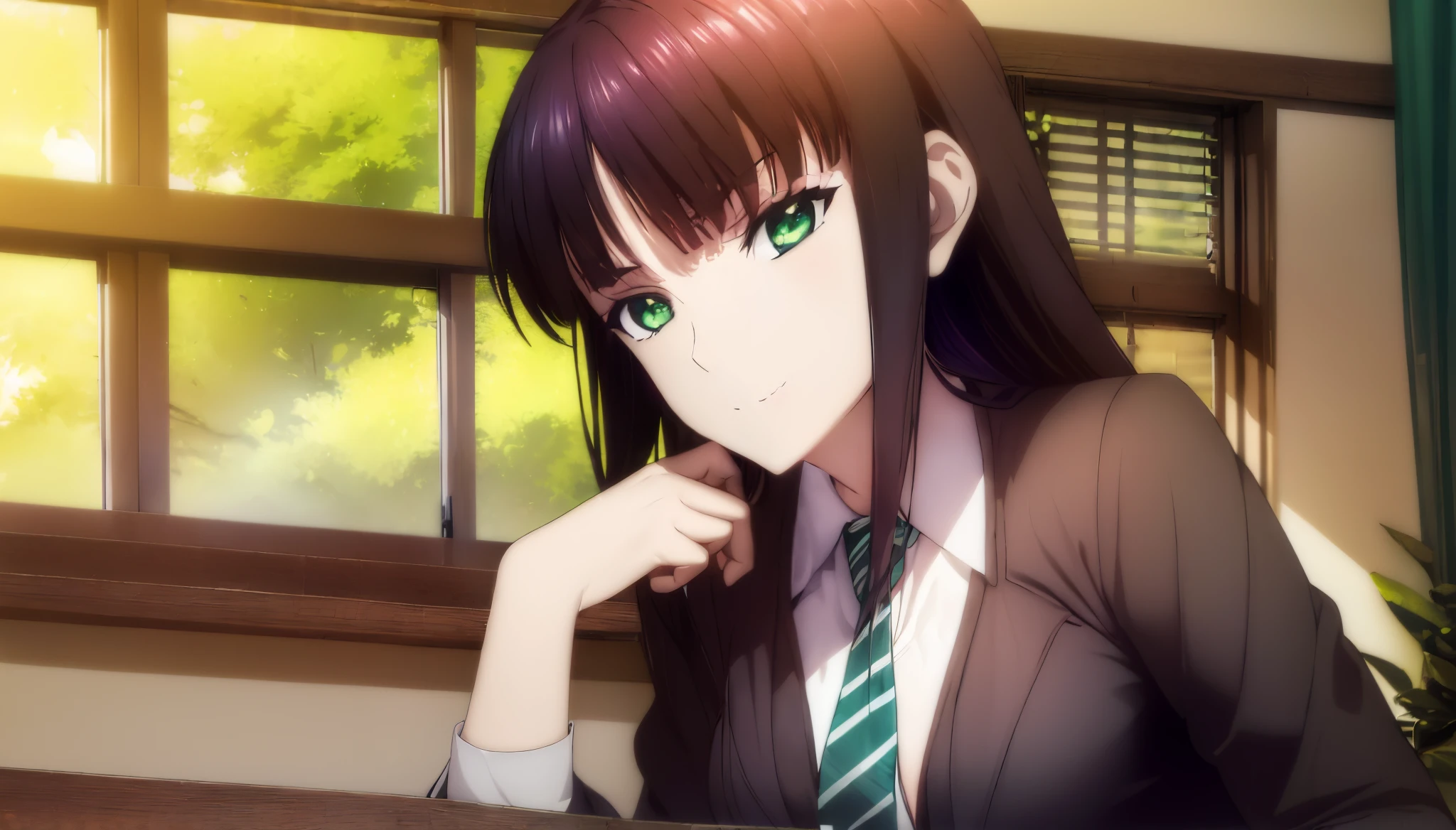 Anime girl with long hair and green eyes sitting at the table, Beautiful girl anime visuals, Smooth Anime CG Art, anime portrait of shiina ringo, visual novel key visual,beautiful anime high school girl,Seductive Anime Girl, anime visual of a young woman, Anime Best Girl, anime girl with long hair and green eyes,, Seductive Anime Girl, UHD,hiquality,Connect ticker and 8K, hight resolution,Very detailed CG, High quality shadows, Detail Beautiful delicate face, Detail Beautiful delicate eyes,BREAK(Highly detailed 8k wallpapers),(Highly detailed CG 8K wallpaper),Makima (chain saw man),Sukasaha (Fate/grand order),Shimohira Reihua ,Hi-Res,Very delicate and beautiful CG illustration,top-quality,beautiful thigh,big breasts thin waist,(((masutepiece))), (((Best Quality))),8K,32K,​masterpiece,beautiful alluring anime woman,ultra-definition,ultra-detailliert,hight resolution,a hyperrealistic schoolgirl,masuter piece, Best Quality, High quality, High Definition, high quality texture, high quality shadow, high detailing,finely detail,A teenage girl,1girl in,High school students,Solo,Soio,Only one person,Alone,One Person,taki,Mature atmosphere,Leg length,neat and long legs,8 Head Body,stature:171cm,Mature girls,Reddish-purple hair,Reddish-purple hair,Purple hair,cassis colored hair,silky and smooth hair,Colorful hair,Straight hair,Smile,Cool Beauty,Beautuful Women,Neat face, Beautiful realism,Seductive look,Bewitching look,serene expressions,beautiful hairl,She wears a necklace around her neck,Necklace,bead necklace,magatama accessories,A slight smil,Colorful eyes,green colored eyes,Jade-colored eyes,beautidful eyes,Bright eye,Delicat eyes,Eyes Like Gems,Jade Eyes,Hanging eyes,(Green eyes:1.5),Seductive face,Watching the viewer,Model photo,simple background,Black hair, longeyelashes, lightsmile, Reddish-purple hair, cassis colored hair, Hairpin, lightsmile, Seductive smile, Jade-colored eyes, PUPILS SPARKLING, Hanging eyes, multicolored eyes, anime style, Hyperrealism, Realism, anime, 8k, super detail, ccurate, best quality, 16k, anatomically correct, ccurate, UHD, 16k, highres, best quality,　((White collared shirt)),Button shirt,neck tie,Red tie,校服,High school students,blazers,School Sweater,Dark grey sweater,plaid skirts,Hands folded behind your back,is standing,elegant look,during daytime,Sunlight,school buildings,hallway,is standing,Leaning against the wall,Put your hands behind your back,early evening,Sunset outside the window,After school,Watching the viewer,‎Classroom,school building school,after school