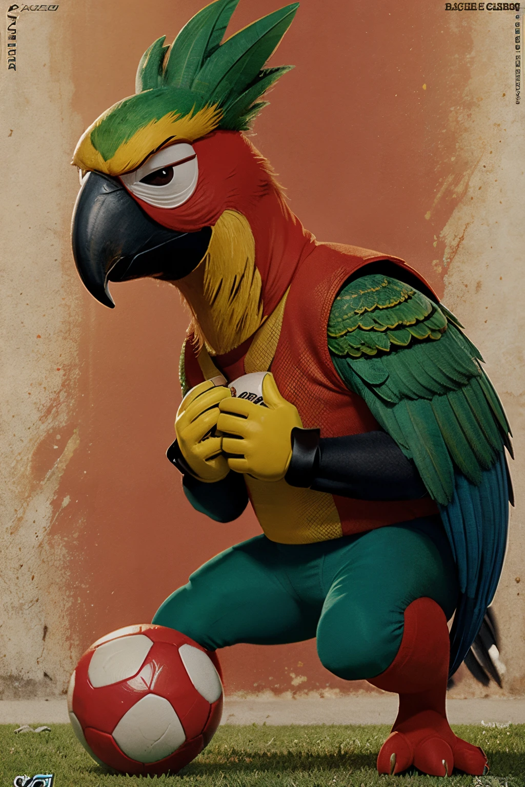 estilo poster de filme pixar, Pagodeiro parrot comic character Zé Carioca playing football in red colors, verde e branco